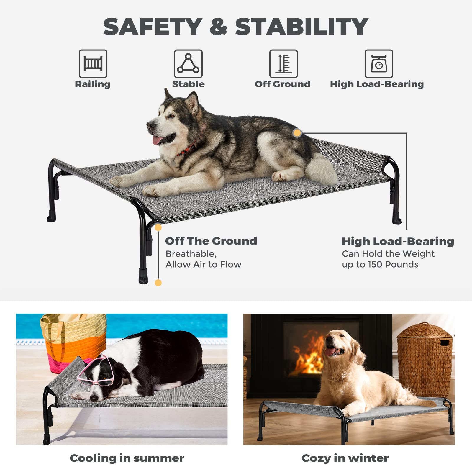 Veehoo Elevated Dog Bed, Outdoor Raised Dog Cots Bed For Large Dogs, Cooling Camping Elevated Pet Bed With Slope Headrest For Indoor And Outdoor, Washable Breathable, Large, Black Silver, Cwc2204