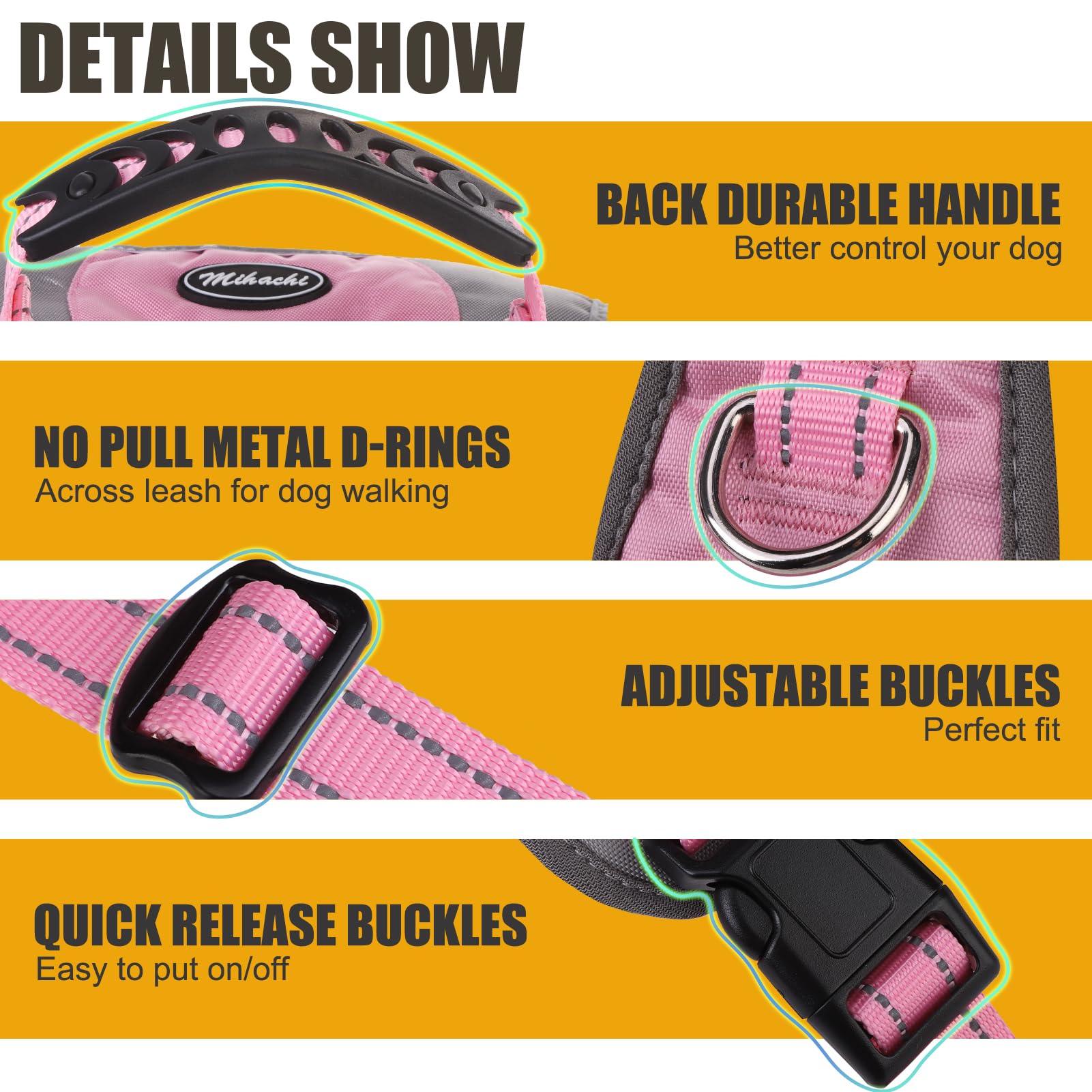 Mihachi Dog Harness For Medium Dogs, Escape Proof No Pull Service Vest With Reflective Strips And Control Handle, Adjustable And