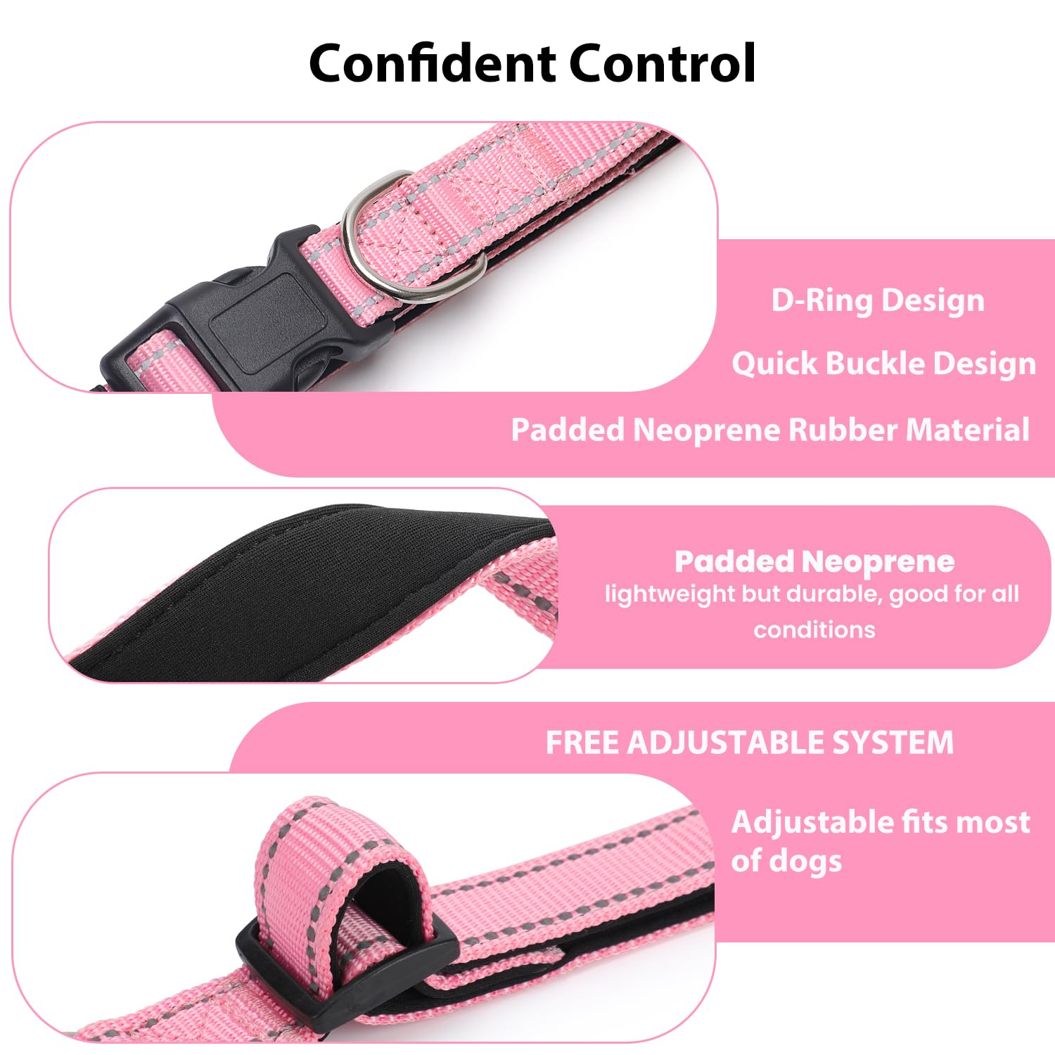 Penseepet Reflective Dog Collar Padded With Soft Neoprene Breathable Quick Release Basic Dog Collars For Puppy Small Dogs Pink Girl