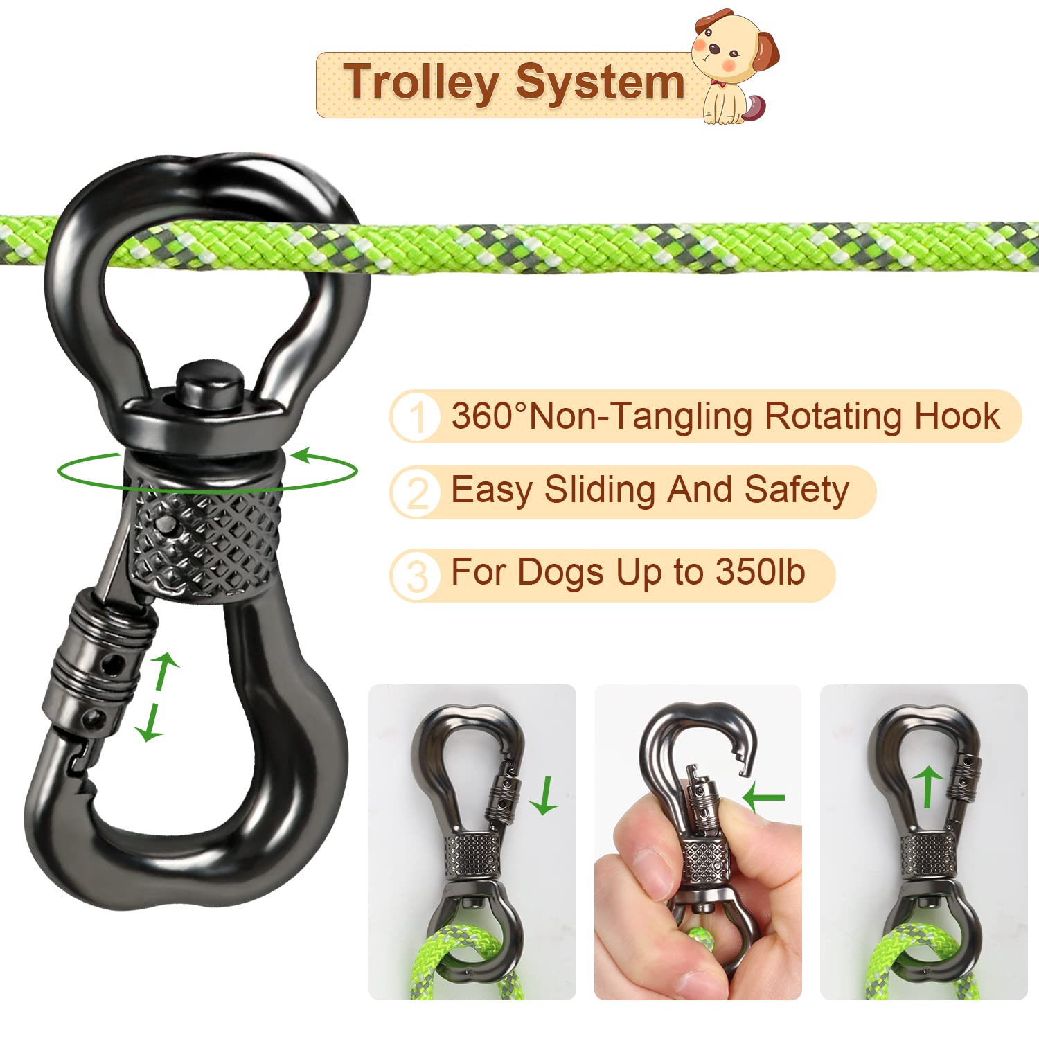 Xiaz Dog Tie Out Cable For Camping, 100Ft Portable Overhead Trolley System For Dogs Up To 300Lbs,Dog Lead For Yard, Camping, Parks, Outdoor Events,5 Min Set-Up, Green