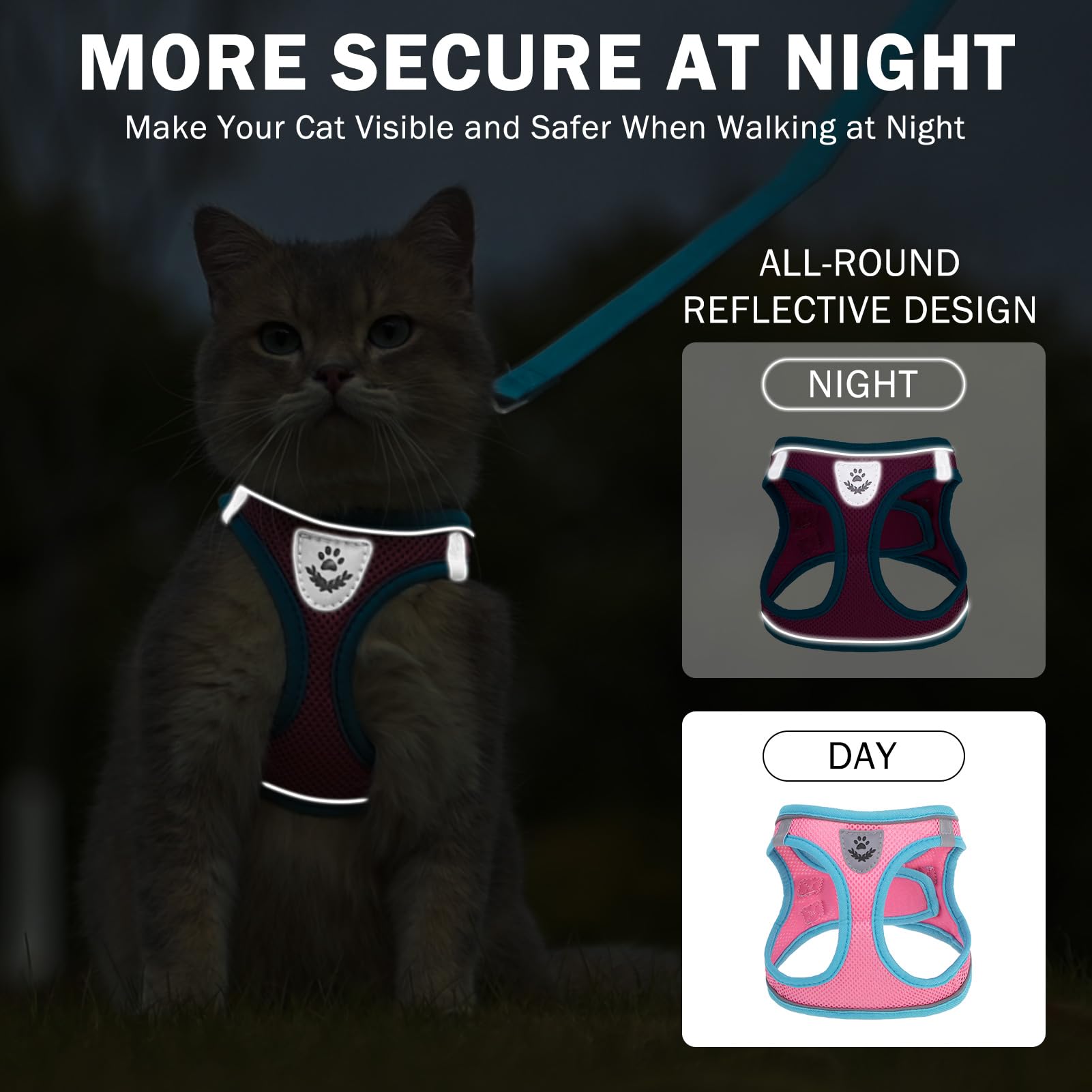 Scenereal Cat Harness And Leash Set Escape Proof, Adjustable Soft Air Mesh Kitten Harnesses For Girls Boys Small Medium Big Cats