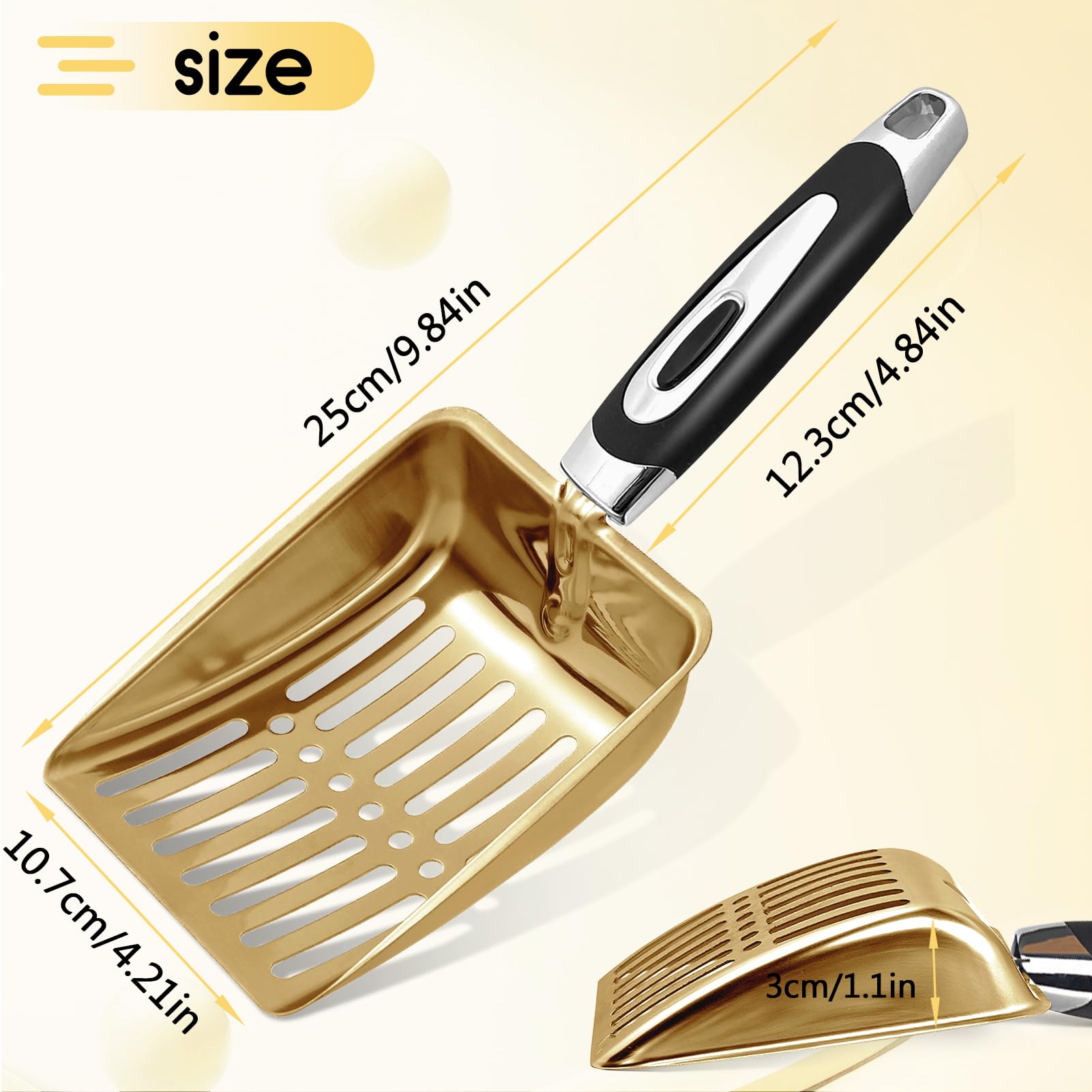 NewGF Stainless Steel Cat Litter Scoop - Medium Gold Metal Scooper with Sturdy Mesh, Model US-Cat-Gold