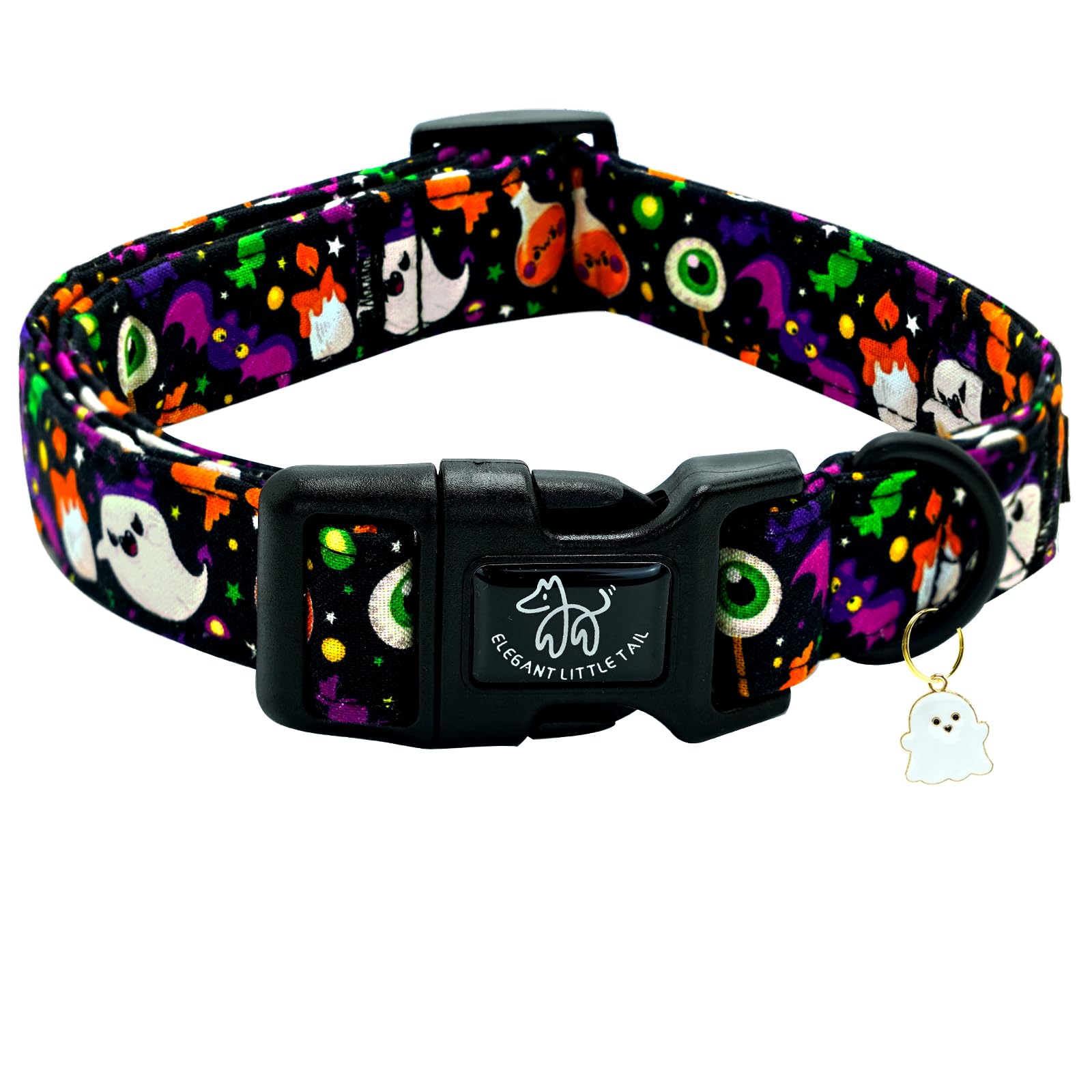Elegant Little Tail Halloween Dog Collar, Ghosts Print Fall Male Cute Puppy Adjustable Cotton Pet Collar With Quick Release Buck