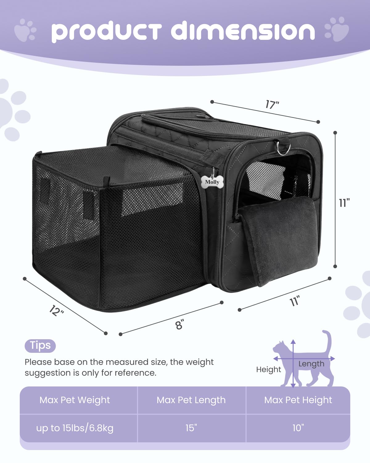 MIDOG Cat Carrier - Soft Sided, TSA Approved, for Cats up to 15 lbs, Black, Model 320