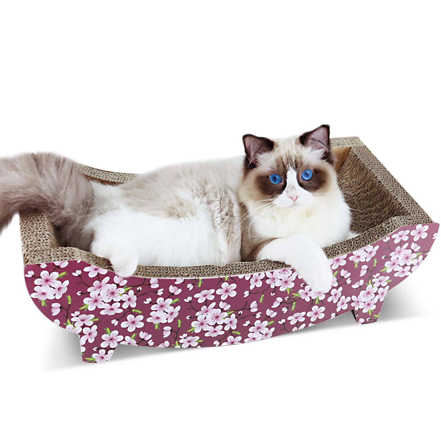 Fluffydream Cat Scratching Post Lounge Bed, Boat Shape Cat Scratcher Cardboard, Durable Recycle Board Pads Prevents Furniture Da