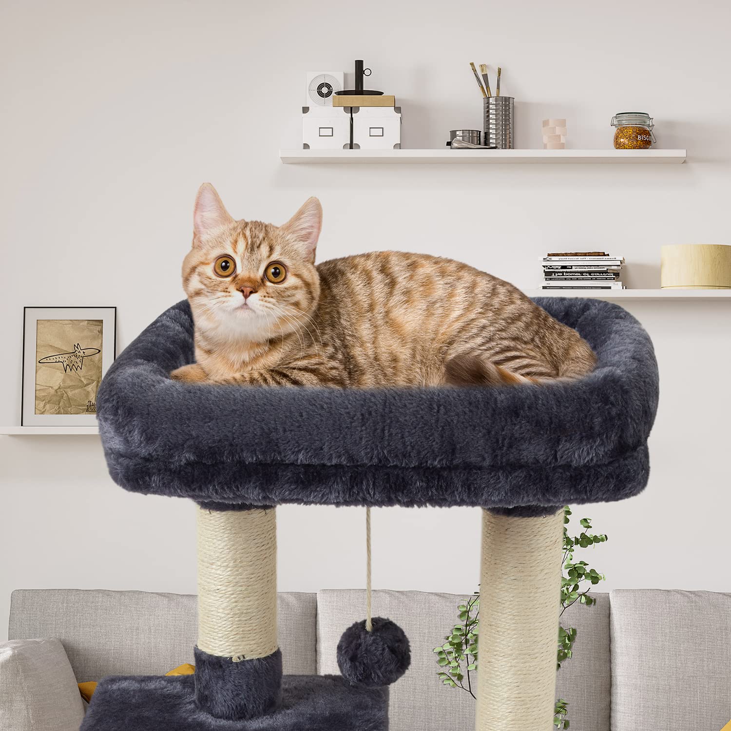 FISH&NAP Cat Tree Tower - Indoor Condo with Sisal Scratching Posts, Jump Platform, Smoky Grey
