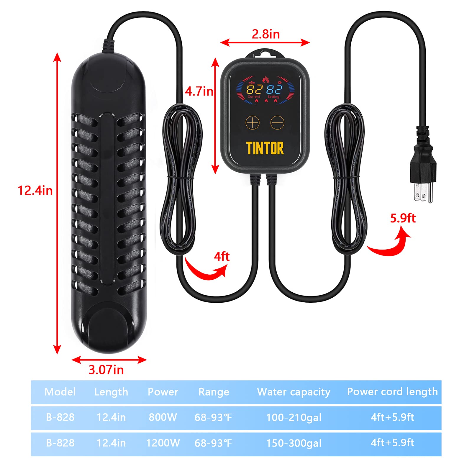 Submersible Aquarium Heater, 800W/1200W Fish Tank Heater, Double Tube Heating, Rapid Heating And Energy Saving, Led Digital Temperature Controller, Suitable For Sea Water And Fresh Water(1200W)