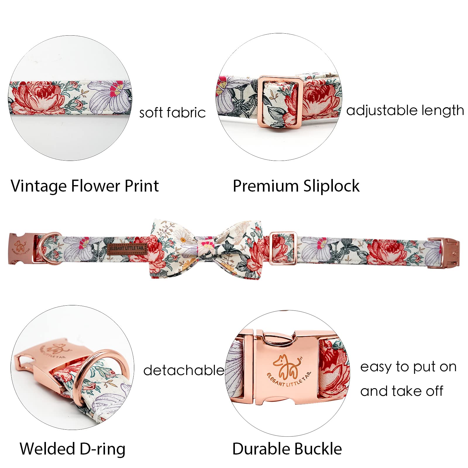 Elegant Little Tail Vintage Floral Dog Collar With Bow, Comfotable Dog Bowtie, Dog Collar Bow Adjustable Dog Collars For Small M