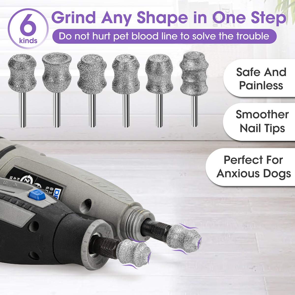Asozeer For Dremel Dog Nail Grinder - 1/8'' Diamond Pet Nail Grinder Attachment - Safe And Painless Nail Grinder Bits Won'T Pull