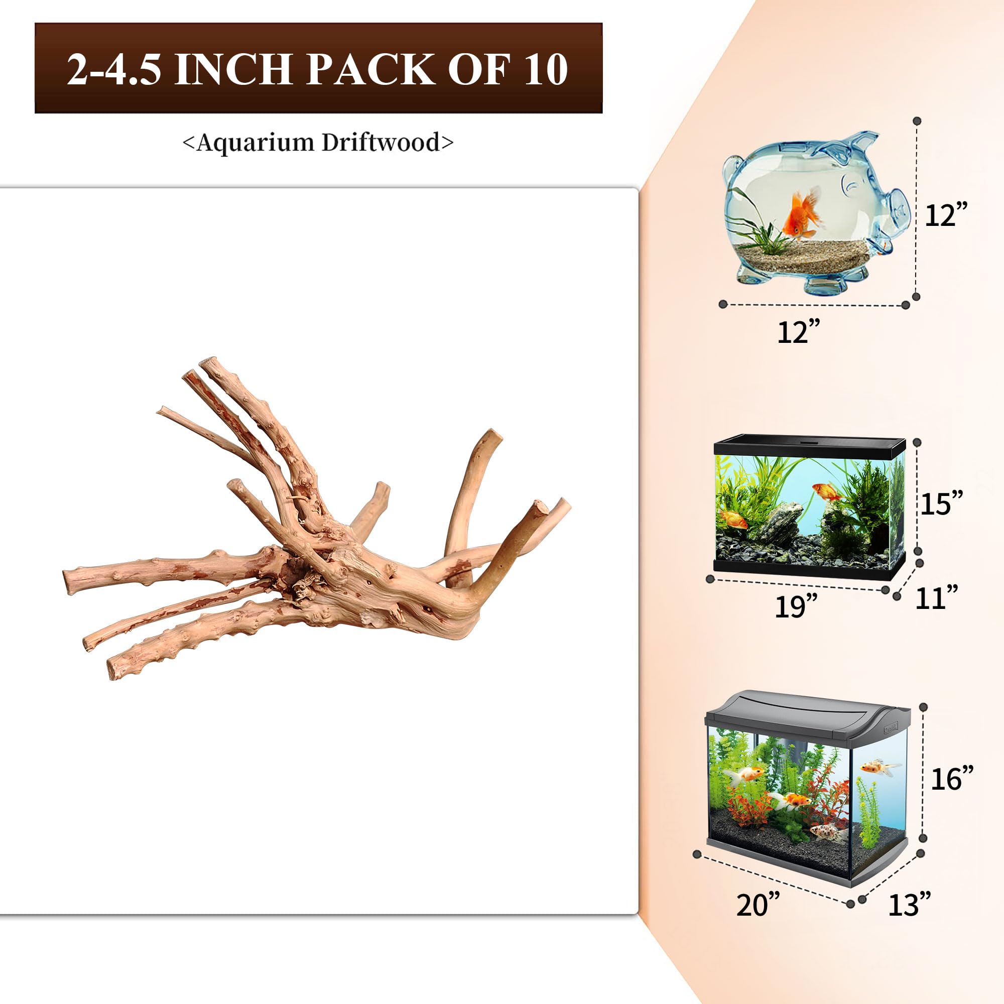 majoywoo Natural Small Driftwood for Aquarium Decor Fish Tank Decorations, Assorted Spider Wood Branch 2-4.5 10 Pcs, Reptile Dec