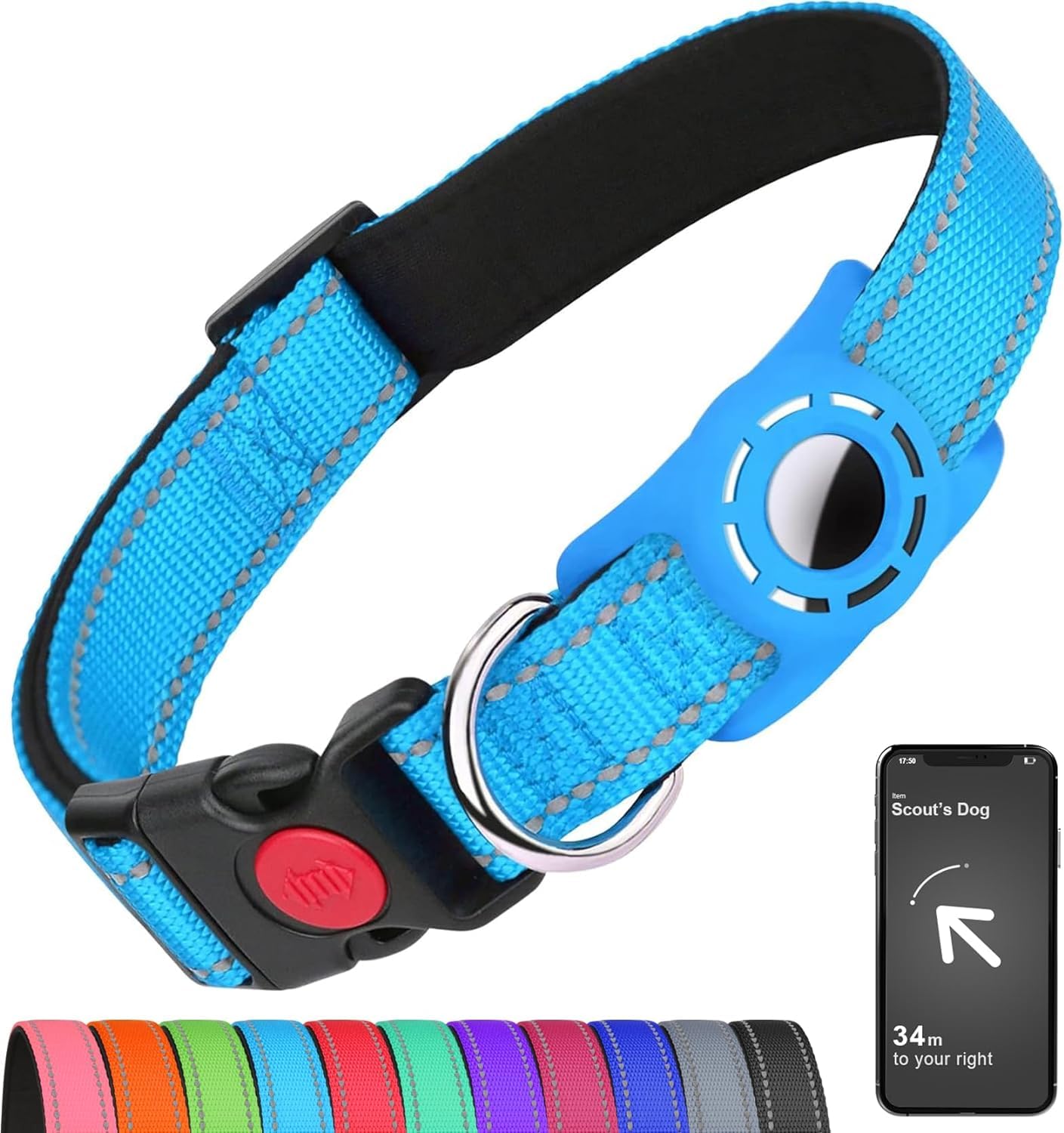 Erbine Airtag Dog Collar For Large Dogs, Reflective Dog Collars With Airtag Holder, Soft Padded & Safety Locking Buckle, Nylon Pet Collar Adjustable For All Breeds, Skyblue