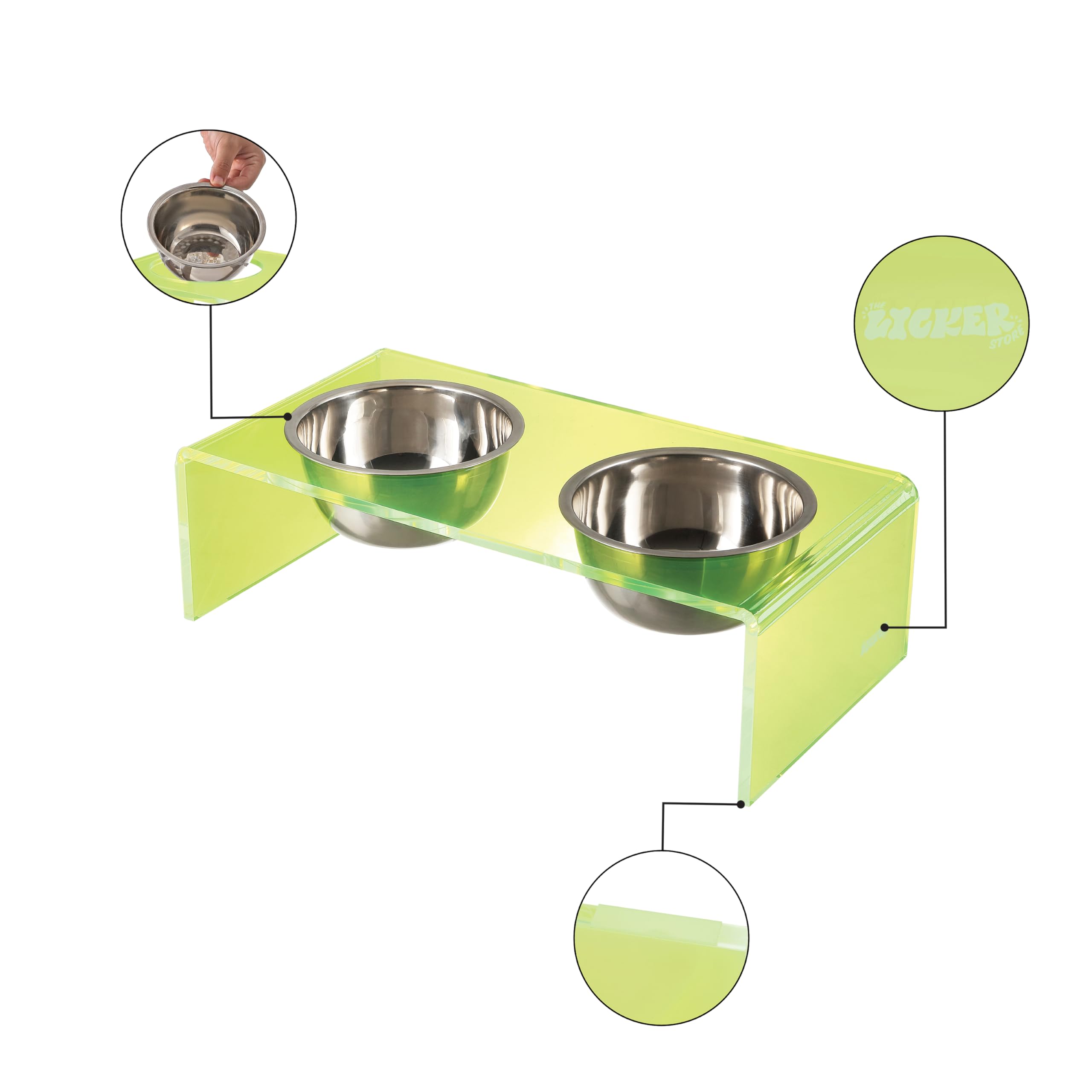 The LICKER Store DBL2000G Keaton 5 Small/Medium Modern Acrylic Rectangular Elevated Pet Feeder with 20oz 2-Stainless Steel Bowls