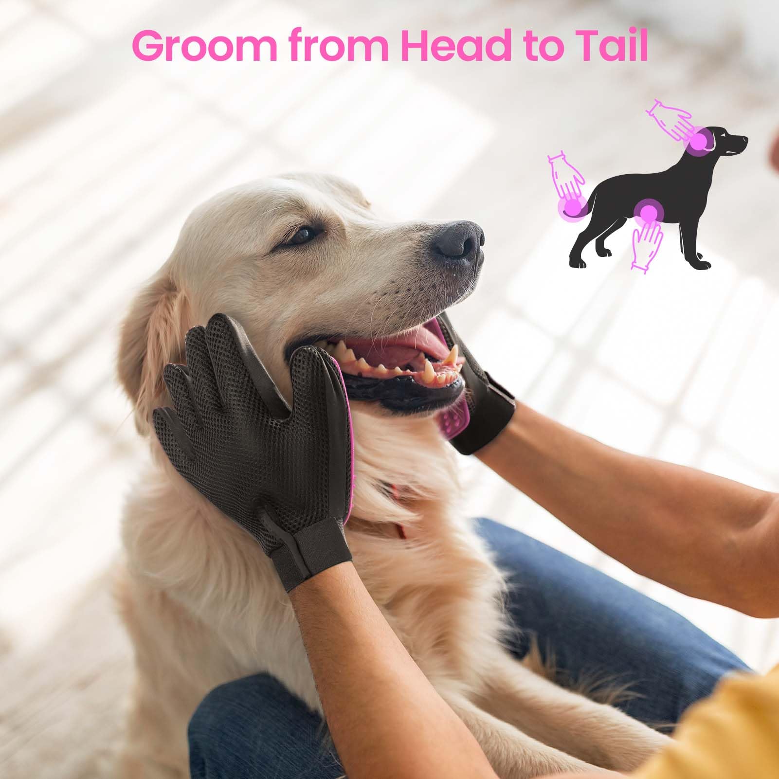 Delomo Pet Grooming Gloves, Upgrade Version With Enhanced 255 Silicone Grooming Tips, Hair Remover Mittens For Dogs & Cats, Bath Brush, 1 Pair (Pink)