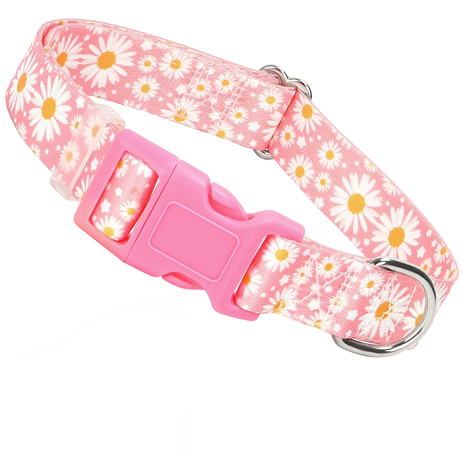 Girl Dog Collars For Large Dogs,Female Dog Collars With Pink Daisy Flowers, Adjustable Comfy Soft Pet Collar With Safety Buckle
