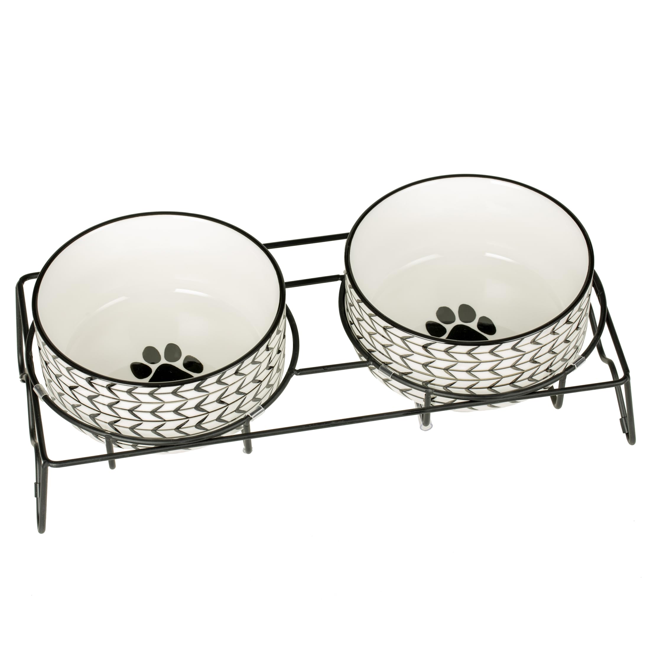 Signature Housewares Ceramic Pet Bowl Set - Food Water Bowls for Dogs and Puppies, Large Cats with Sturdy Metal Stand - Set of 2