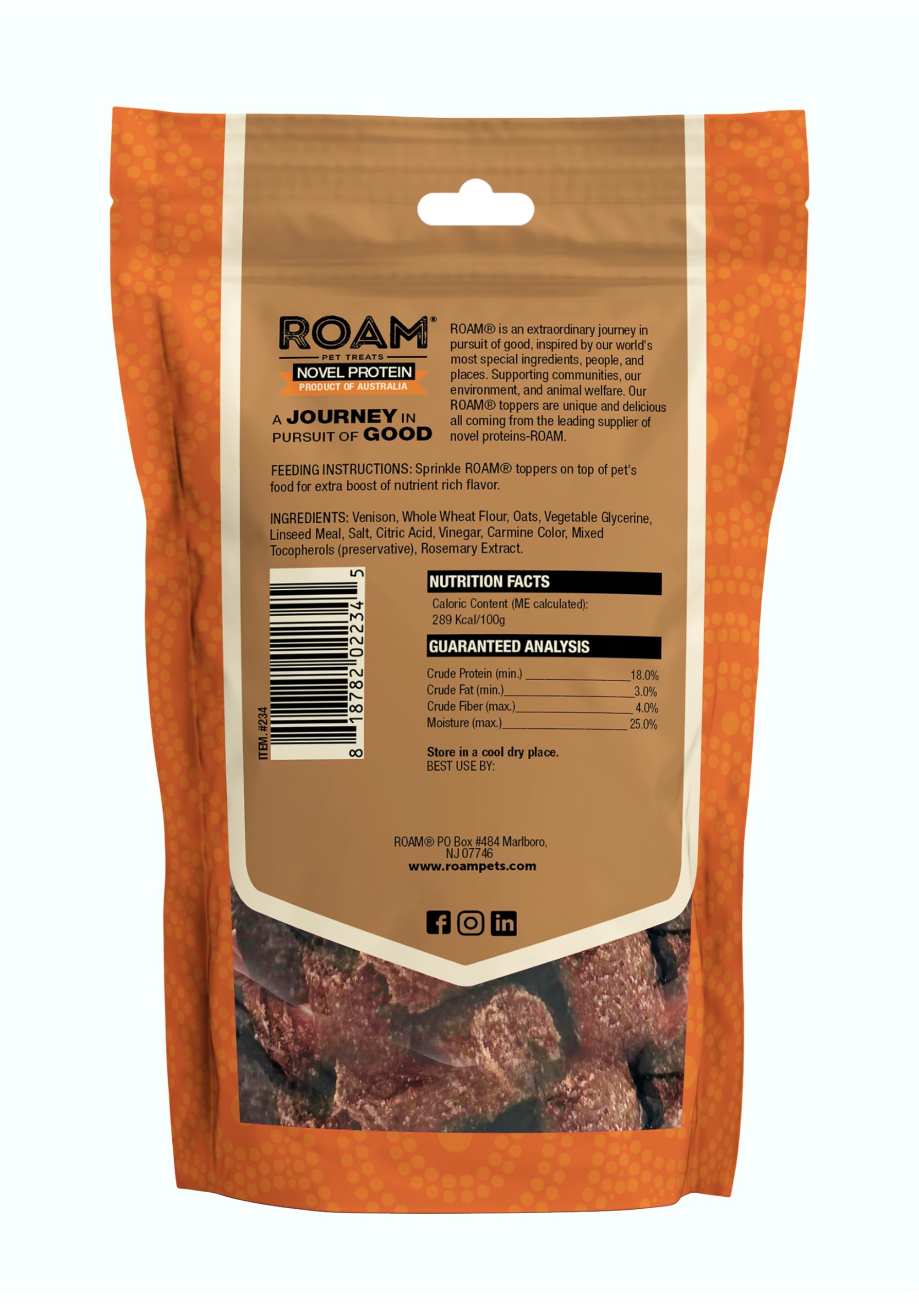 ROAM Pet Treats Bucky Exotic Dog Topper, Venison Dog Treats - Single Protein, Sustainably Raised Venison Meat Dog Food Topper -