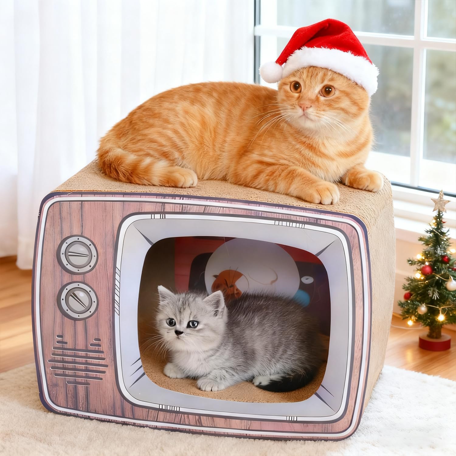 Cardboard Cat House with Scratch Pad, Corrugated Kitten Hideaway Cave, Cute Cats Condos Box, TV Shape Cat Scratching House Bed, 