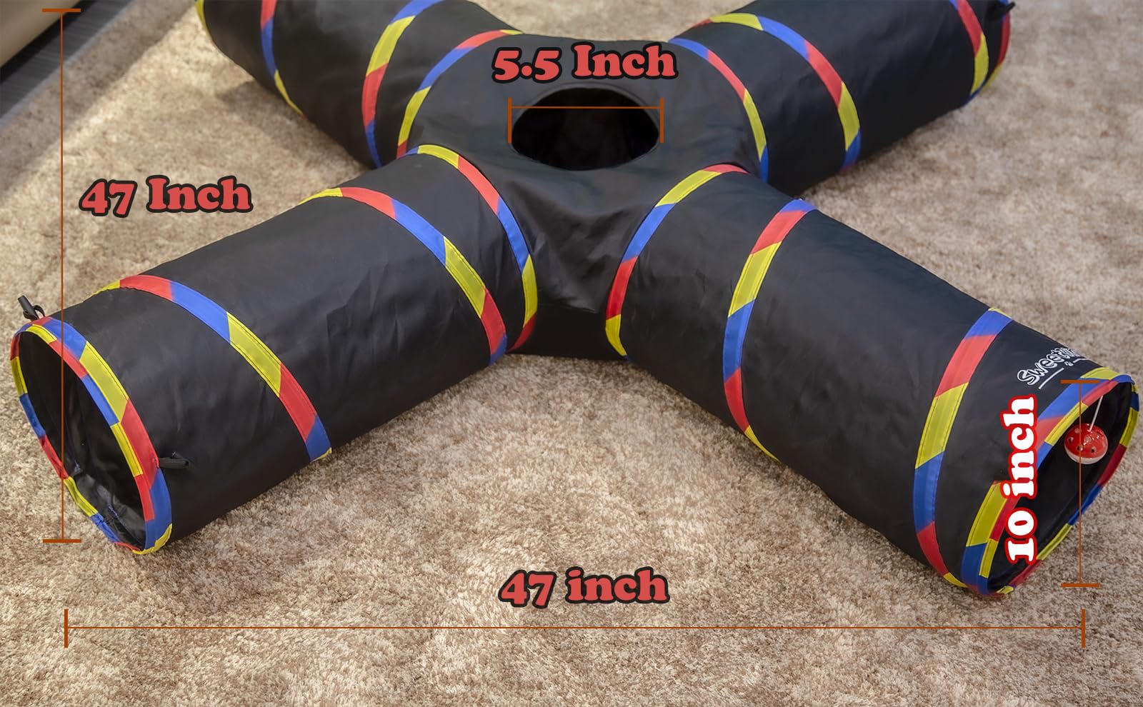 SweetBin Cat Tunnel Toy - 4 Way Large 47" Indoor Cat Tube, 10" Diameter, Black with Play Ball & Mouse