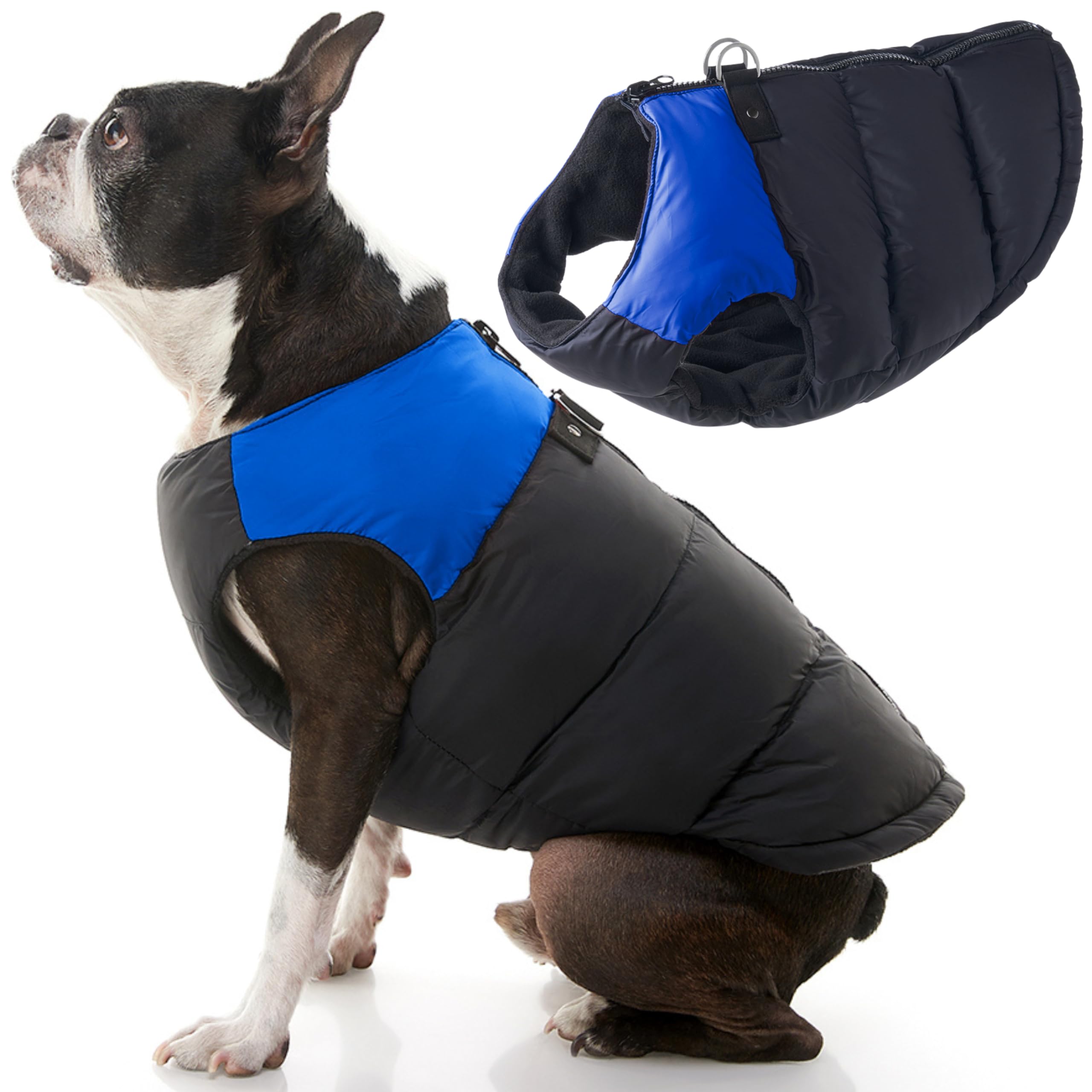 Gooby Padded Vest Dog Jacket - Blue, Small - Warm Zip Up Vest Fleece Jacket With Dual D Ring Leash - Winter Water Resistant Swea