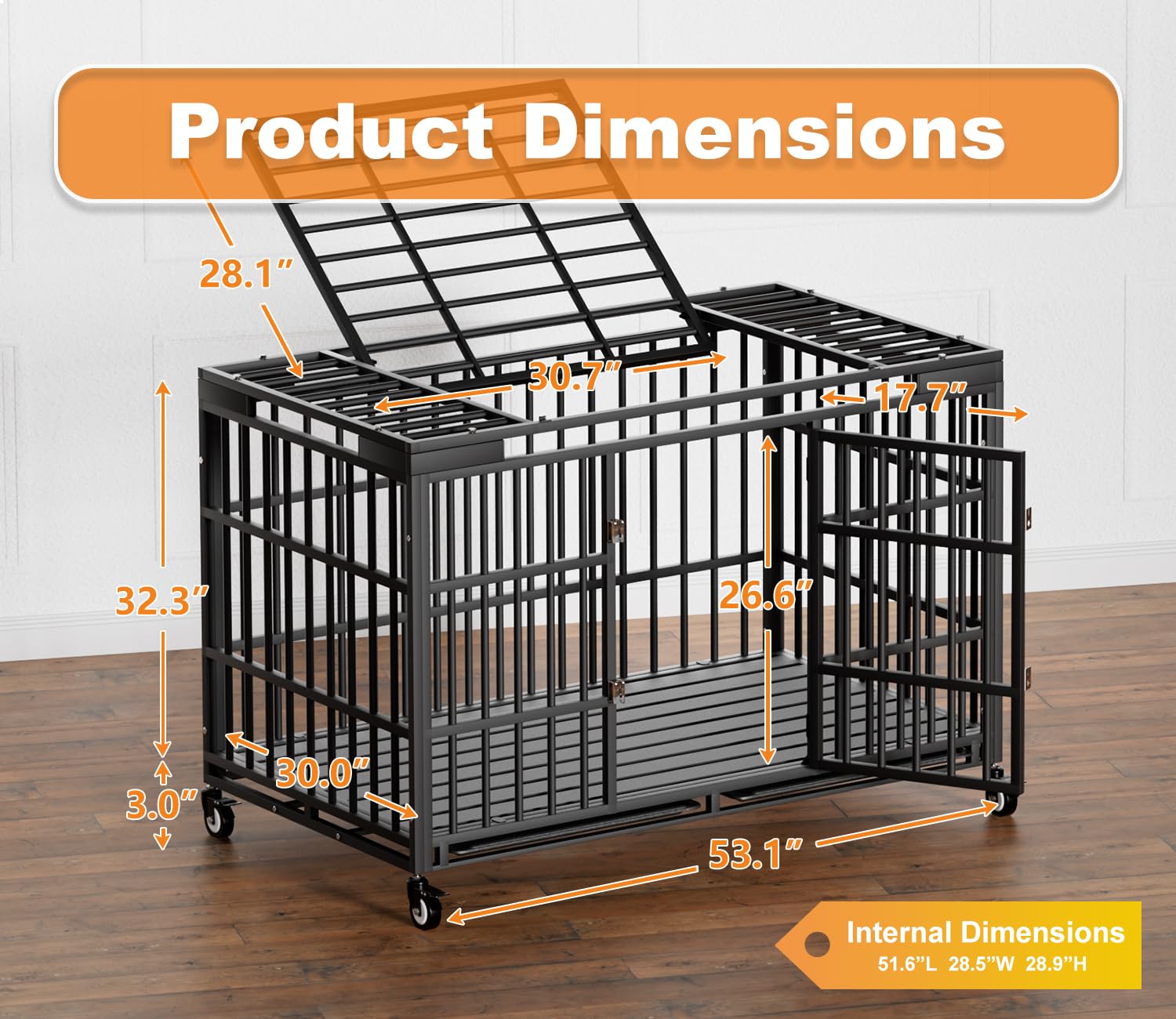 Hmhtct 54 Inch Heavy Duty Dog Crate With Wheels,Indestructible Escape-Proof Dog Kennel With Locking Latch And Double Door,Extra