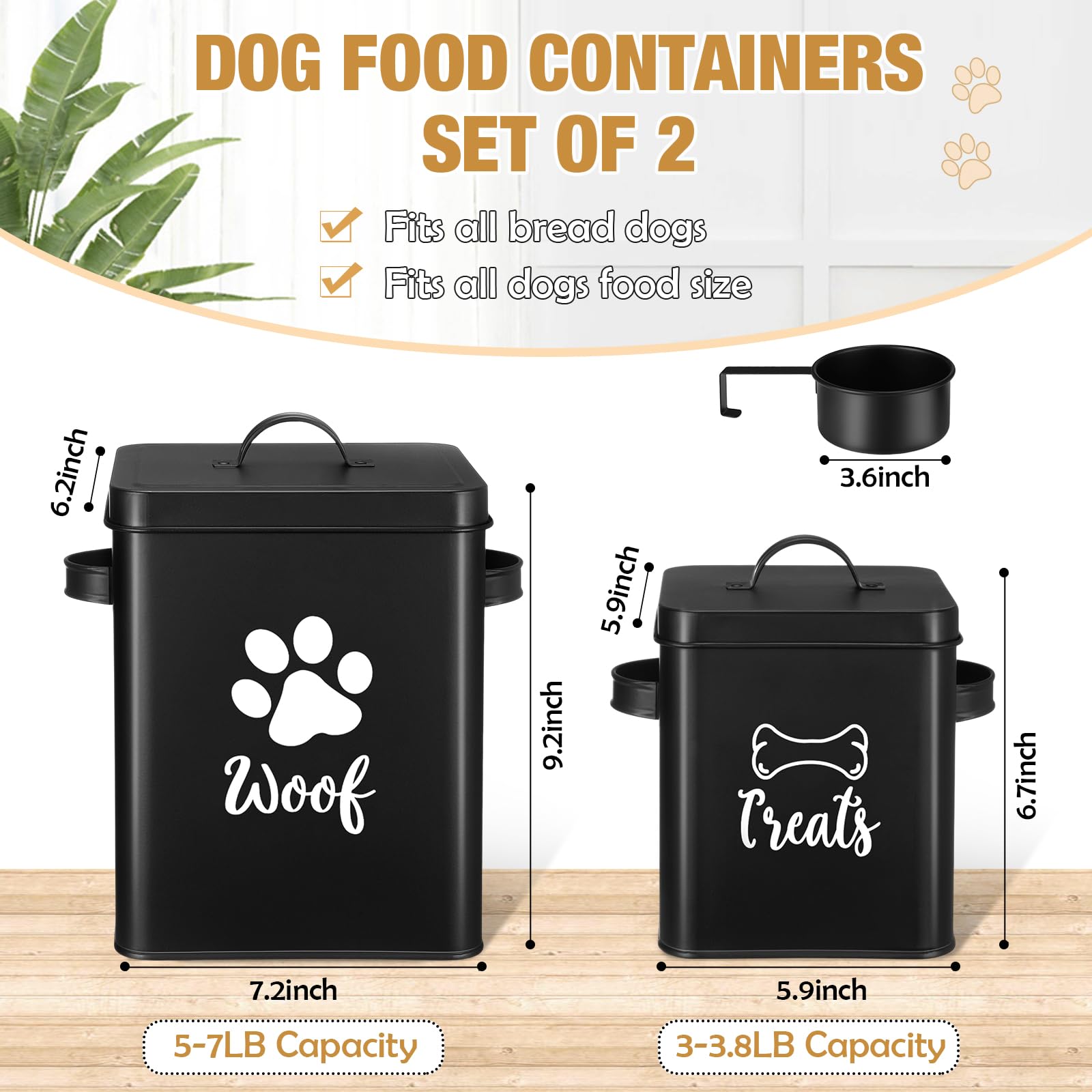 Teenyyou 2 Pcs Metal Dog Treat Containers with Airtight Lids and Spoon 7+3 Lbs Dog Food Snack Jars with DIY Labels Big Pet Cooki