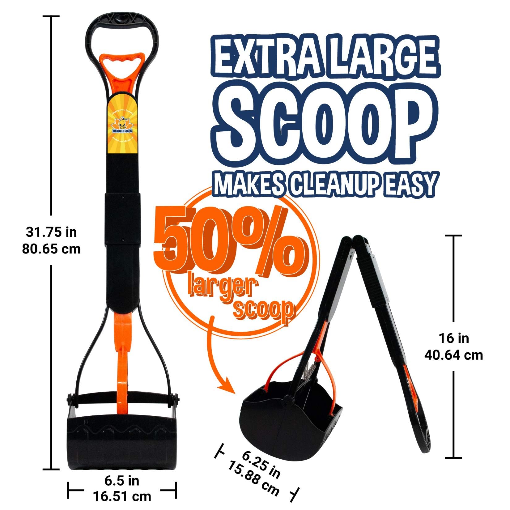 Bodhi Dog 32" Tall Non-Breakable Pooper Scooper for Large Dogs - Lightweight & Foldable, Orange, Model BD-POOSC-32OR