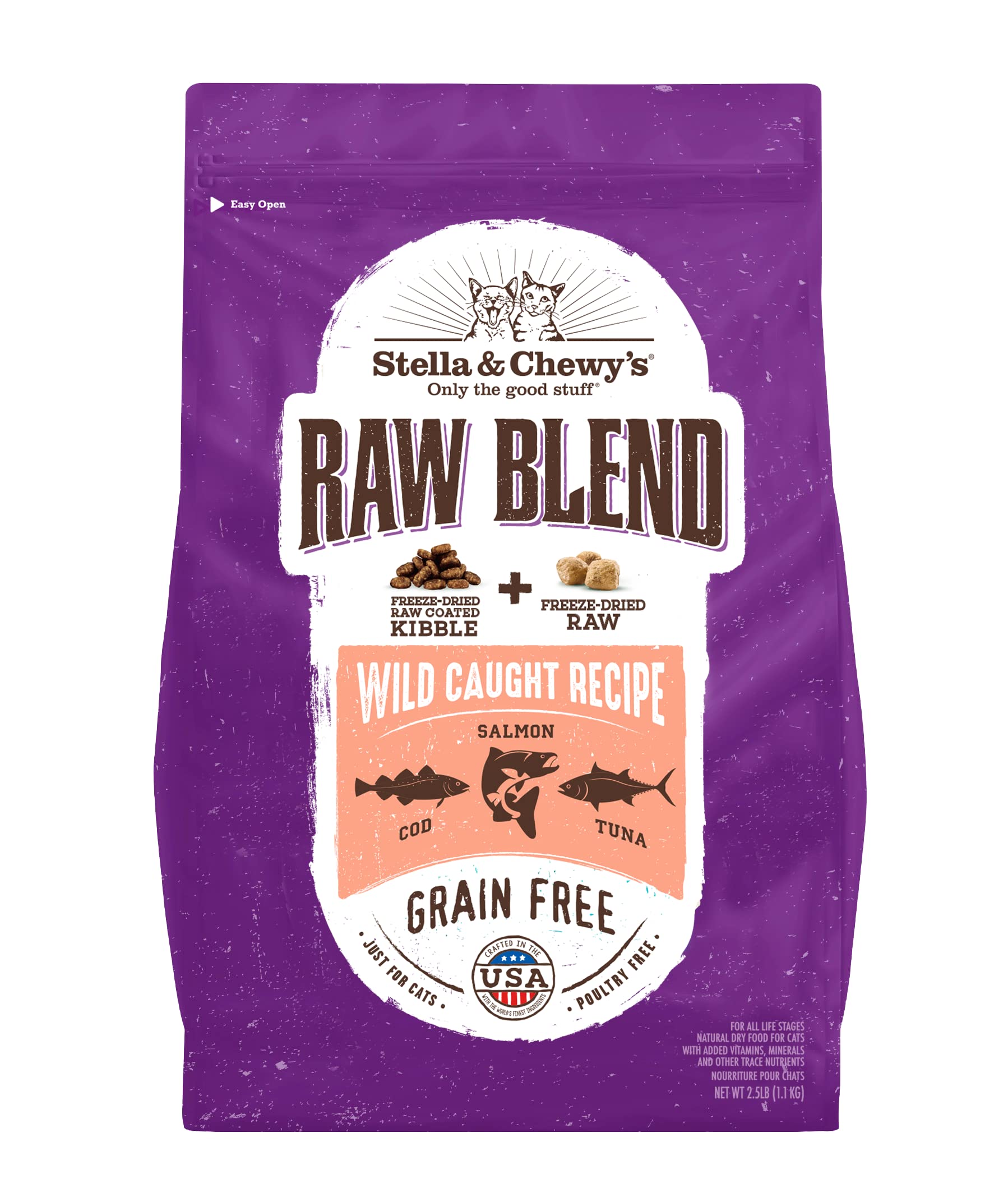 Stella & Chewys Raw Blend Premium Kibble Cat Food - Grain Free, Protein Rich Meals - Wild-Caught Fish Recipe - 2.5 lb. Bag