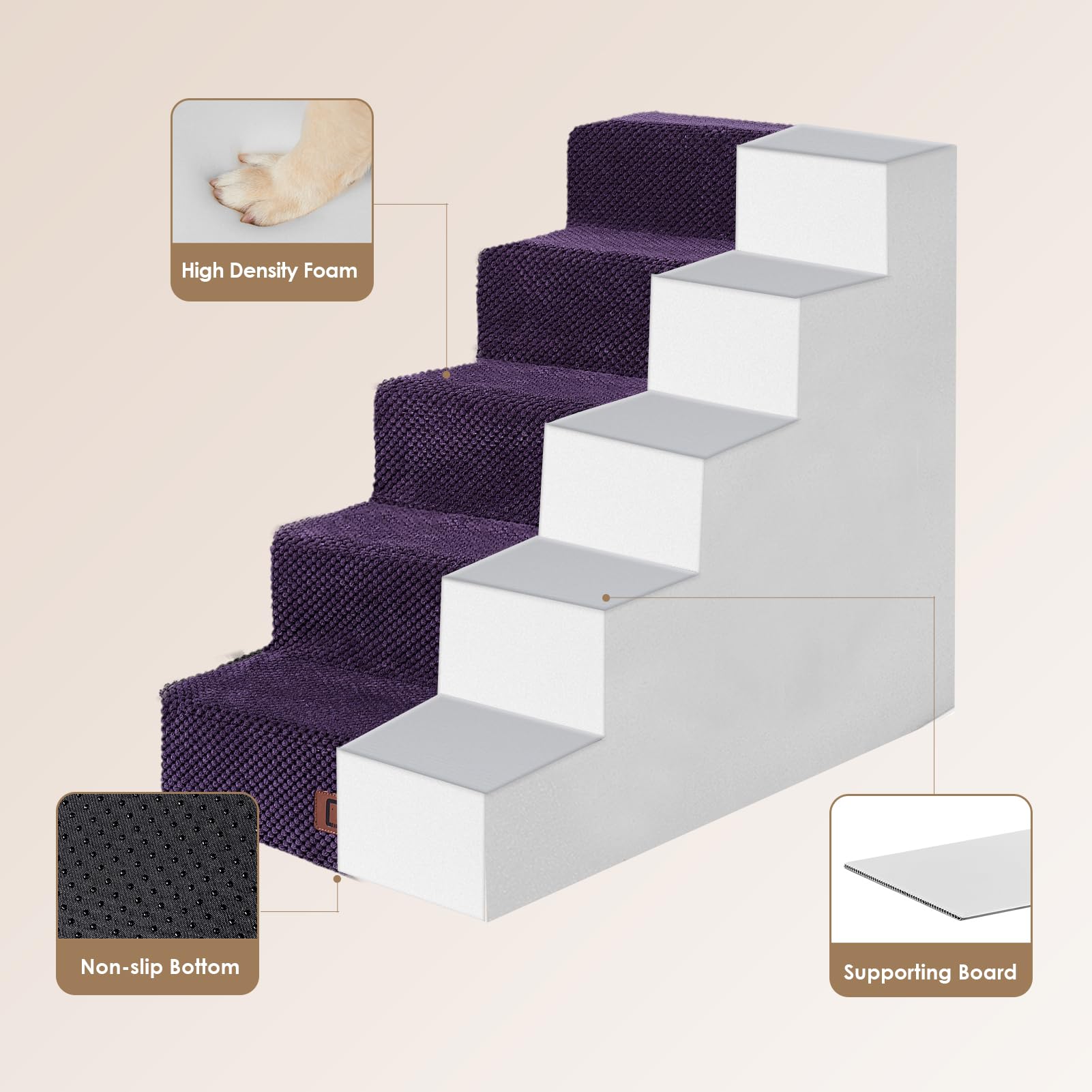 Eheyciga Dog Stairs For High Bed 22.5”H, 5-Step Dog Steps For Bed, Pet Steps For Small Dogs And Cats, Non-Slip Balanced Dog Indoor Ramp, Purple