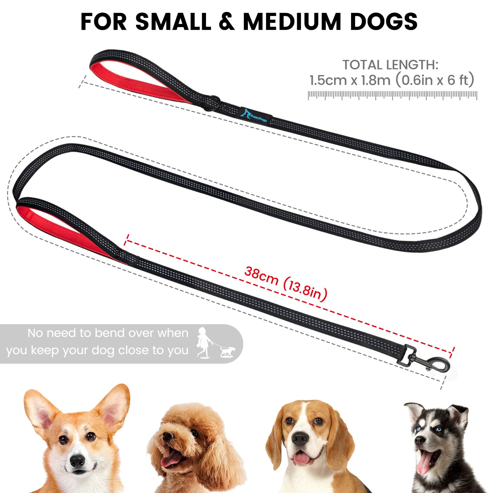 Puppydoggy Dog Leash For Small To Medium Dogs 6 Ft With 3 Reflective Stitching And 2 Traffic Padded Handles Dog Lead/Rope, Pet Leash For Running Walking Training (6 Ft X 0.6 In - Pink 1 Pack)