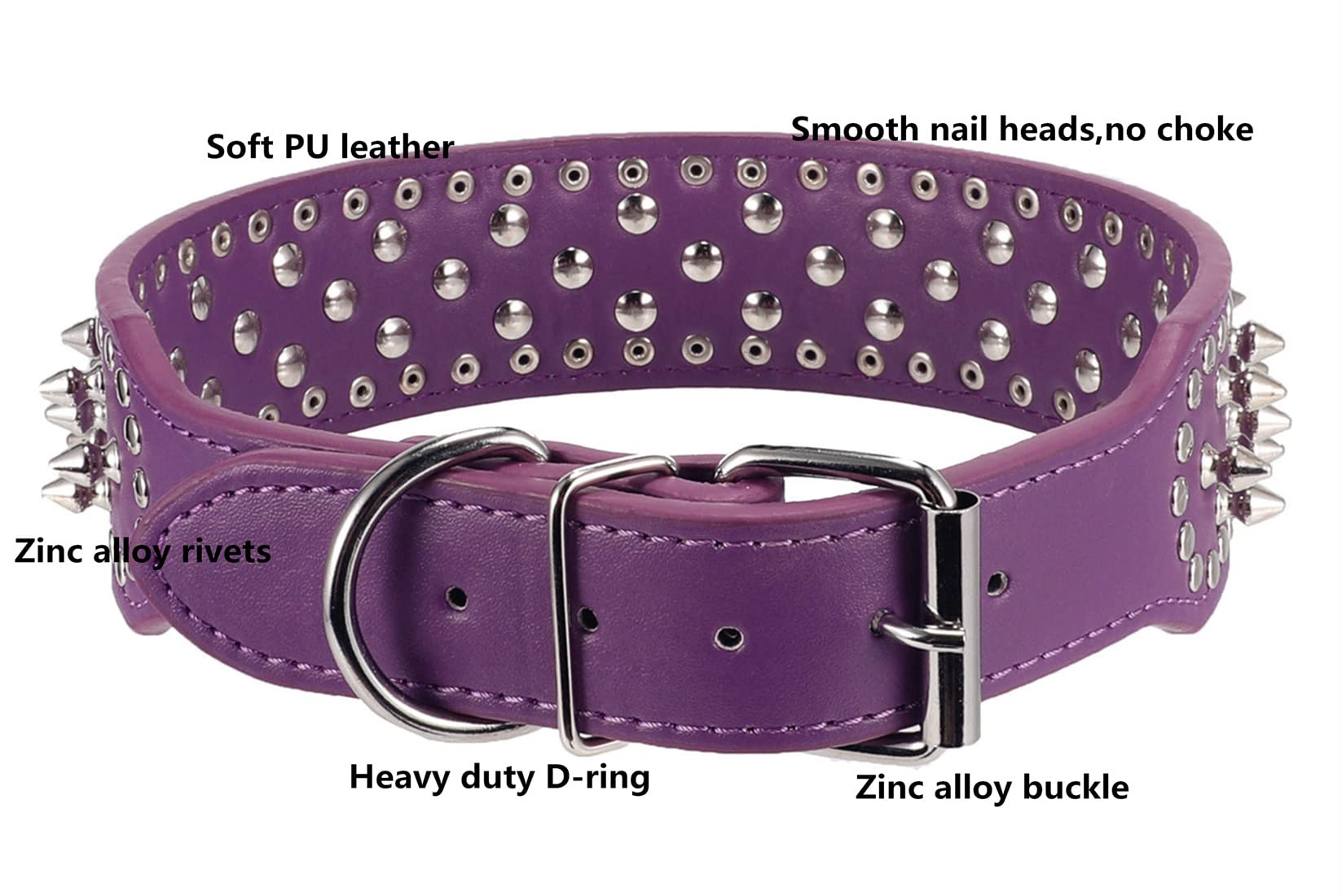 Btdcfy Hoot Pu Leather Adjustable Spiked Studded Dog Collar 2' Wide 37 Spikes (M(Neck 19'-22'), Purple)
