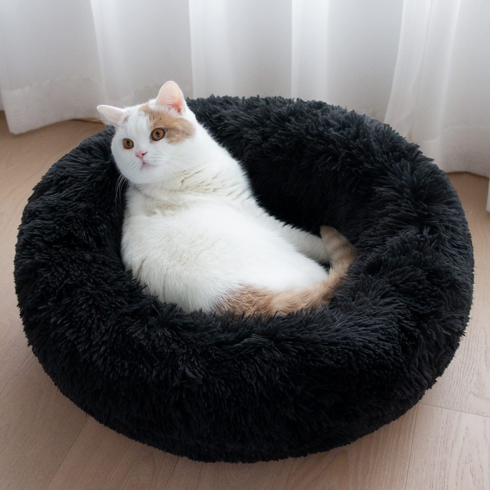 Patas Lague Calming Dog Bed For Medium Dogs, Fluffy Soft Cozy Cat Bed, Faux Fur Anti-Anxiety Plush Washable Pet Donut Cuddler Fo