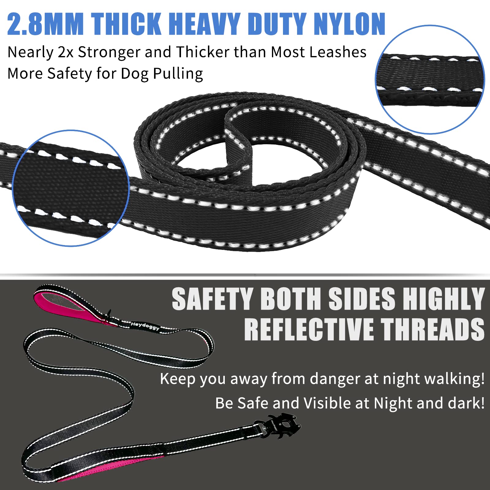 Strong Heavy Duty Dog Leash - 5Ft Reflective Nylon Training Leash With Soft Padded Double Handle & Auto Lock Frog Clip - Safety Traffic Control For Large Medium Small Dogs No Pull Walk Black Pink,5Ft