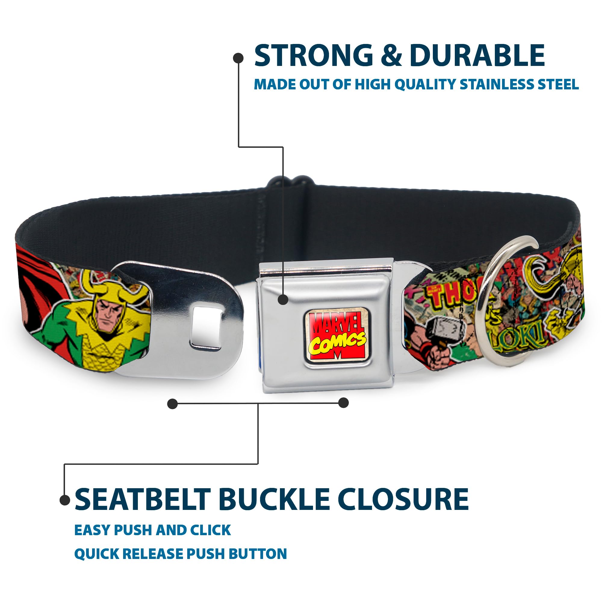 Buckle-Down Seatbelt Buckle Dog Collar - Thor & Loki Poses/Retro Comic Books Stacked - 1.5' Wide - Fits 16-23' Neck - Medium