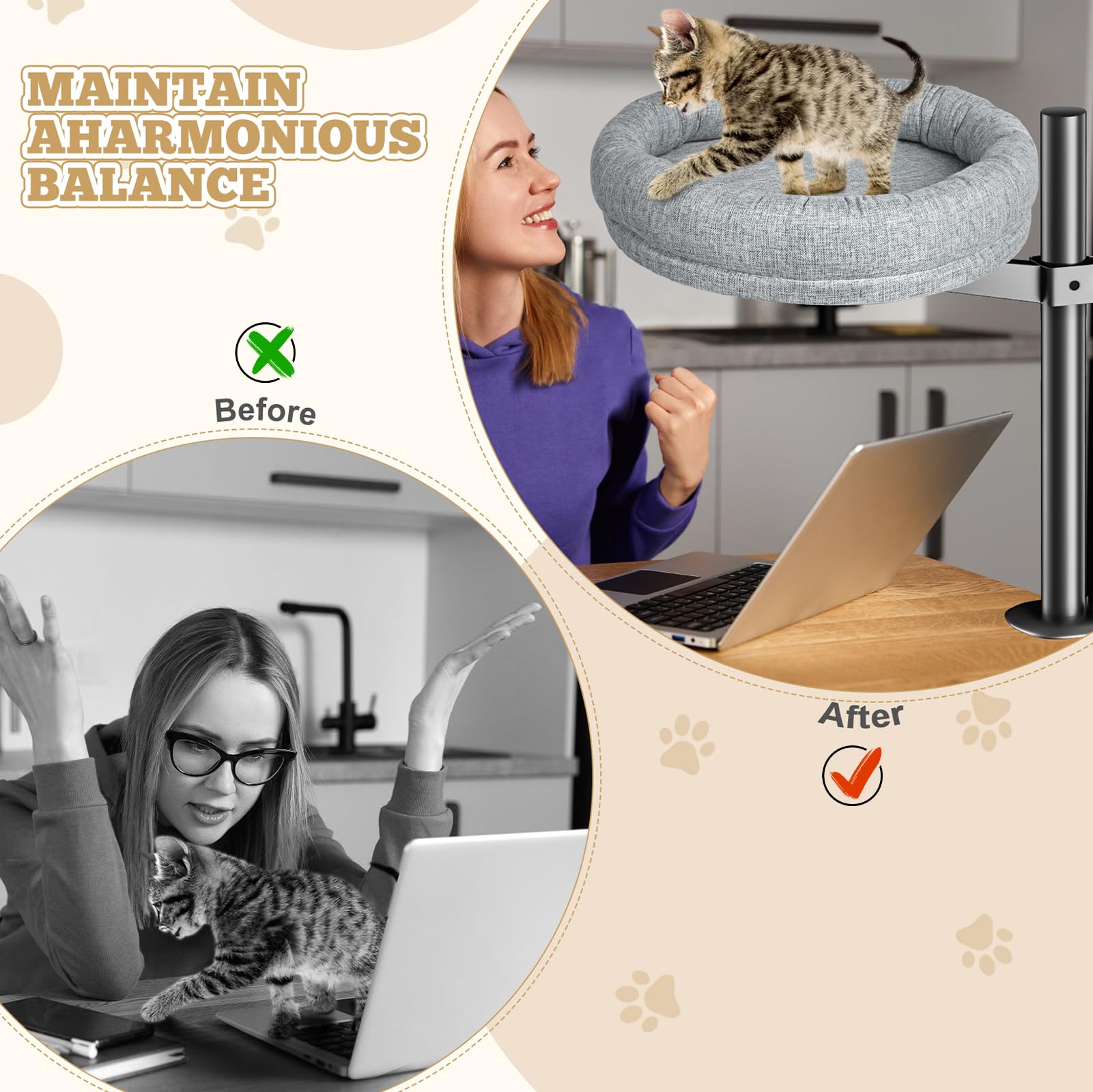 Cuipingoo Cat Bed - Desk Cat Nest With 360 Rotation & Adjustable Height - Soft & Comfortable - Indoor Cats Up To 40 Lbs (Grey)