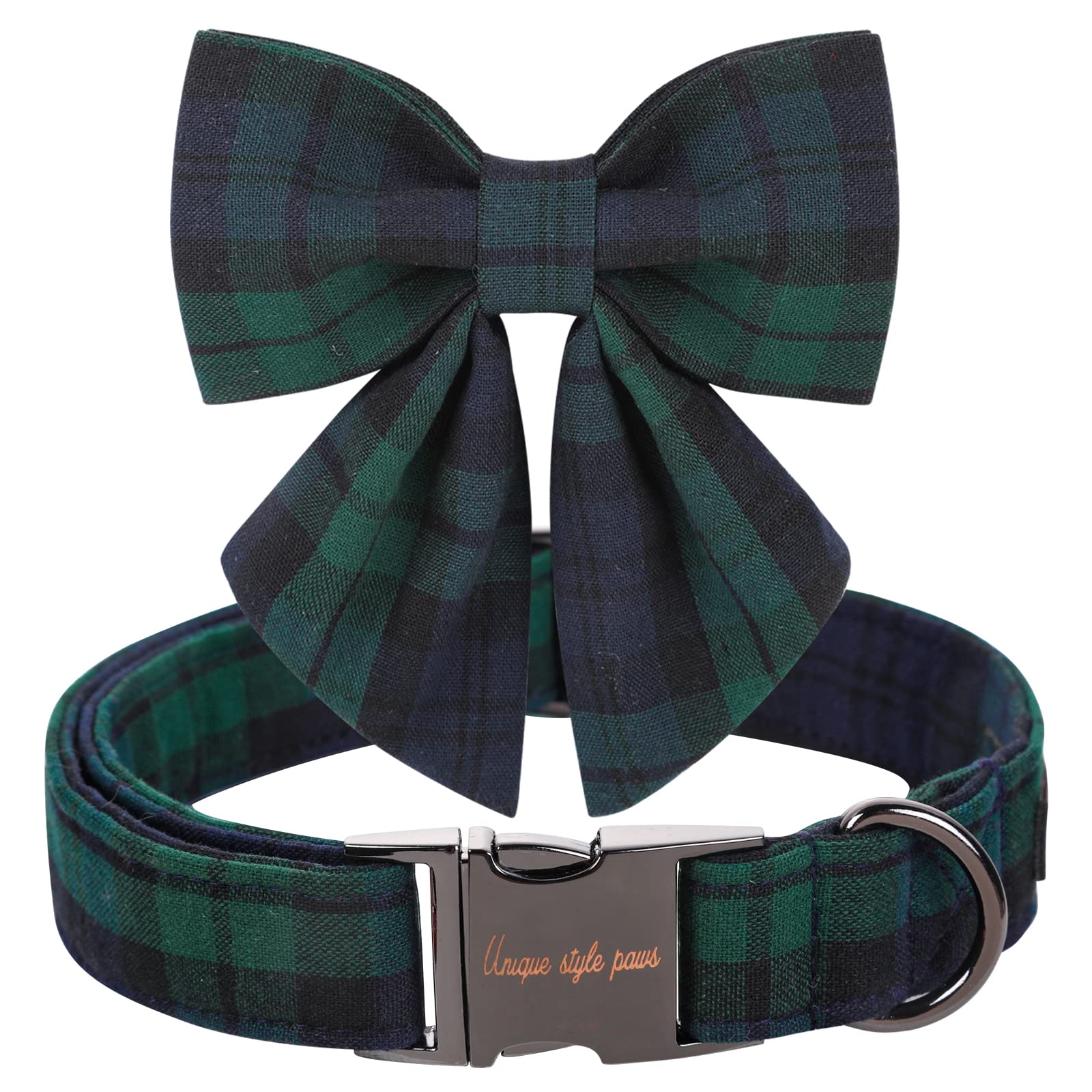 Unique Style Paws Christmas Dog Collar With Bow Tie Green Plaid Puppy Collar For Small Medium Large Dogs As Autumn Winter Pet Gifts-L