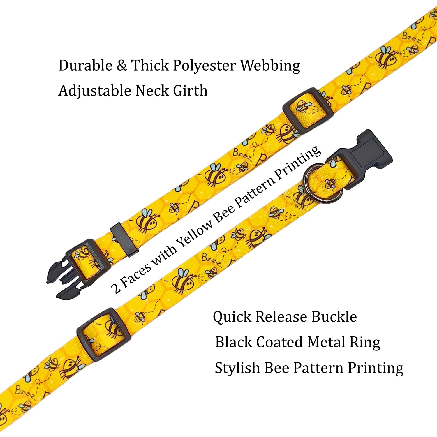 Olahibi Dog Collar Leash Set, Busy Bee Pattern, 5Ft Matching Leash, Polyester Material, 4 For Small Medium Large Dogs.(L, Bee)