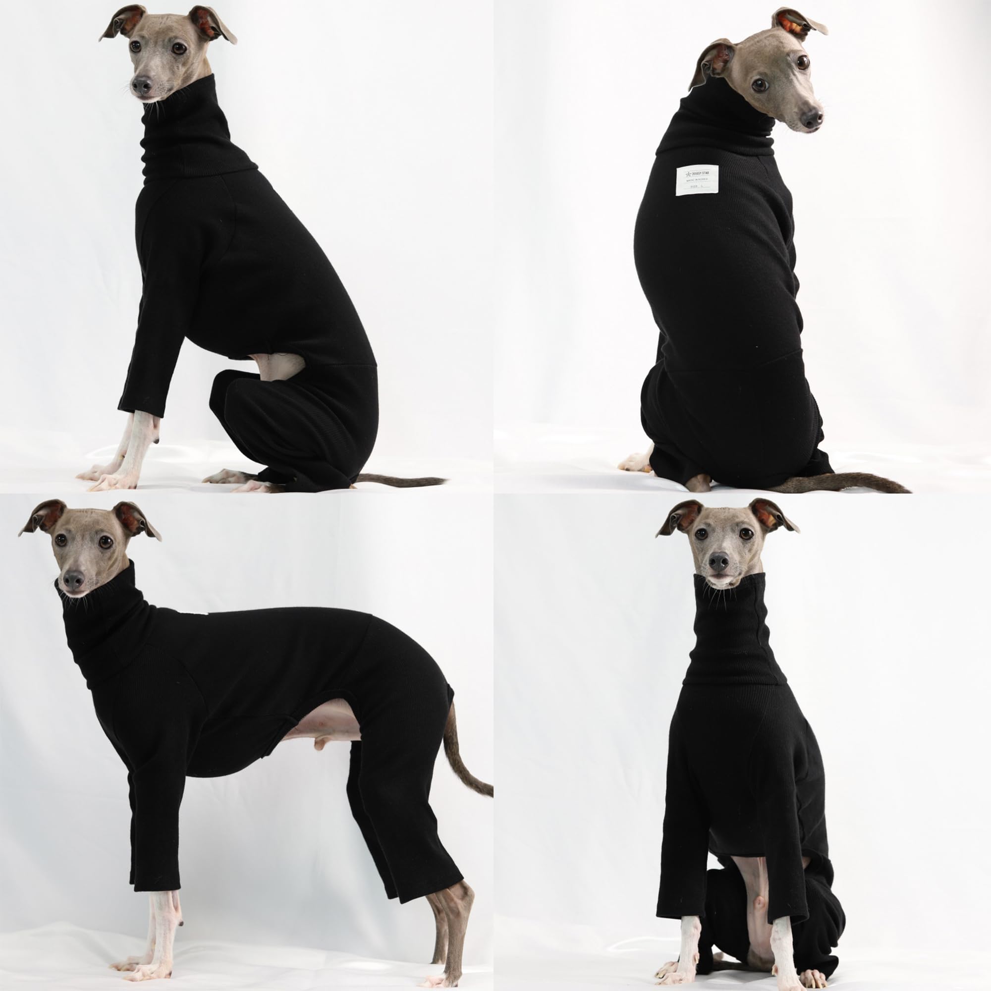D Doggy Star Italian Greyhound Clothes Stretchable Onesie Whippet For Dog (S,Ribbed Black)