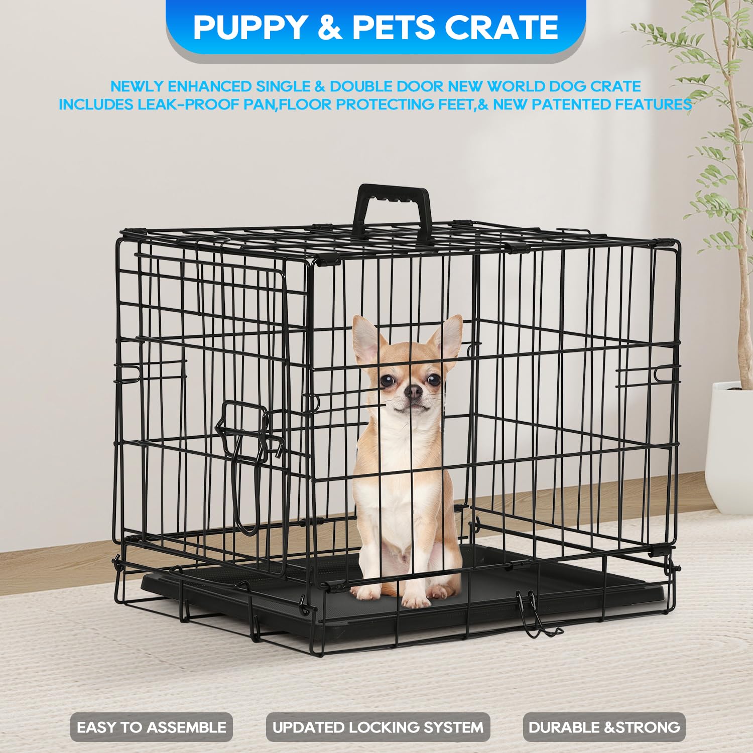 FDW Dog Crate for Small Dogs 18 Inch Folding Metal Wire Pet Cage Single Door W/Divider Panel Indoor Outdoor Kennel Leak-Proof Pl
