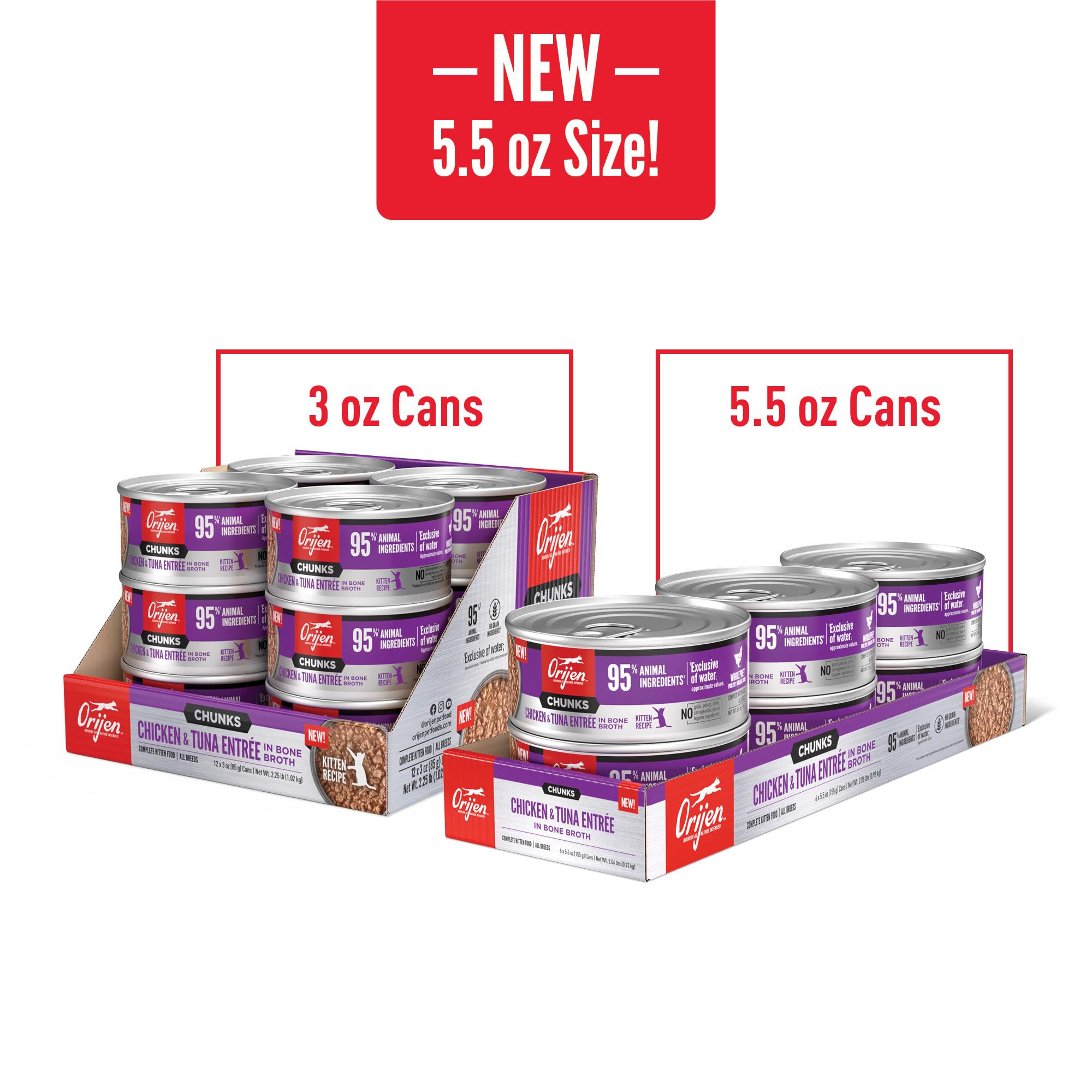ORIJEN Chunks & Shreds Wet Cat Food Chicken and Tuna Kitten Entr  e 3oz Cans (12 Count)
