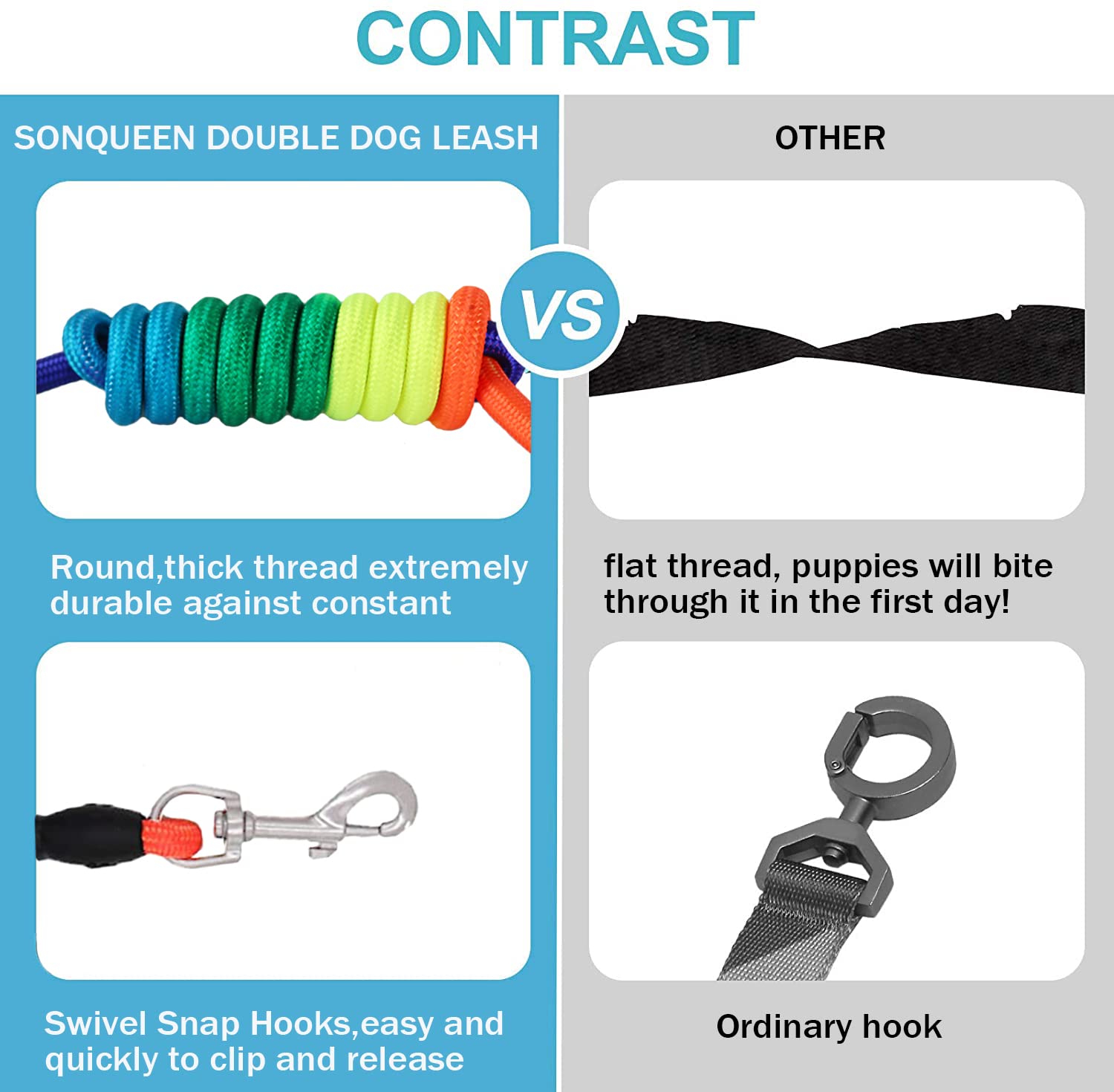 Sonqueen Heavy Duty 3 Dog Leash No Tangle Detachable 360° Swivel Device Multiple Dog Leash With Padded Handle For Two/Three Pets