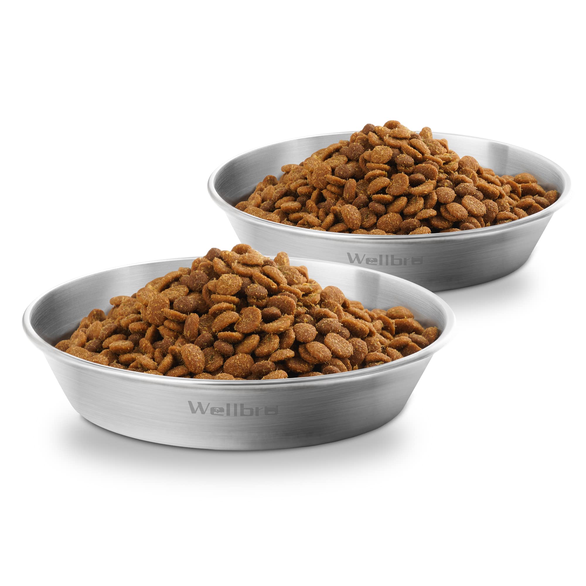 Wellbro Cat Food Bowls, 2 Pcs Stainless Steel Cat Food and Water Bowls, Whisker Fatigue Shallow Cat Dishes, Small Dog Puppies Fa