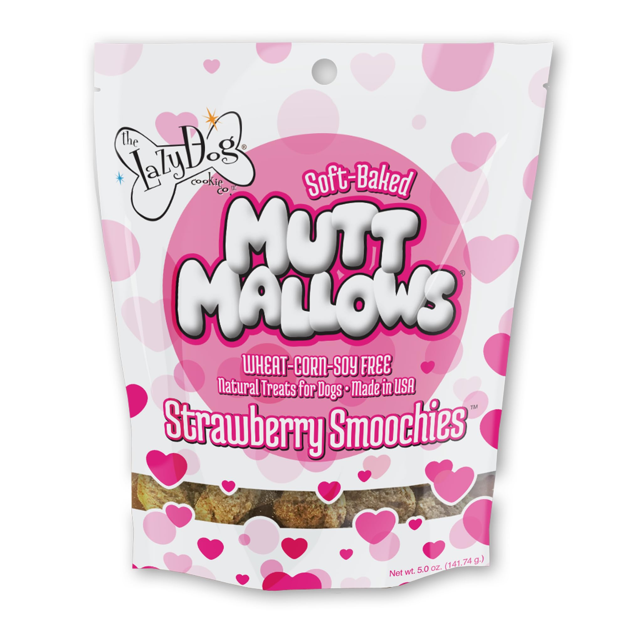 The Lazy Dog Cookie Co. Soft Dog Treats, Mutt Mallows Strawberry Smoochies, for Small, Medium and Large Dogs, Wheat-Free, Baked