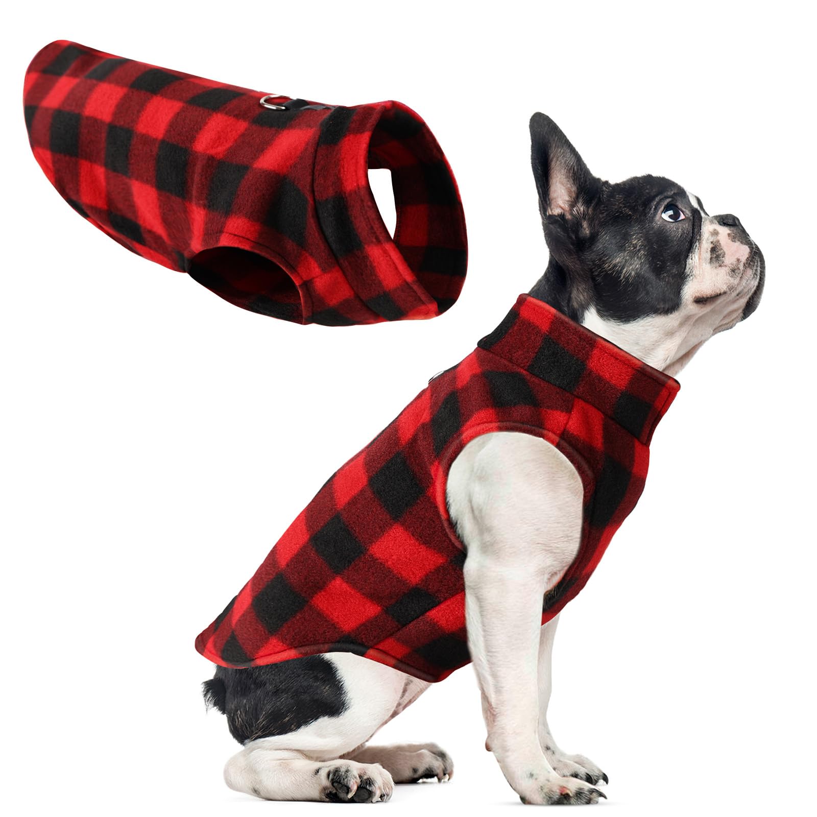 Soft Warm Dog Sweater, Winter Dog Clothes - Stretchy Fleece Vest With D Ring Leash (Red Plaid, Xs)