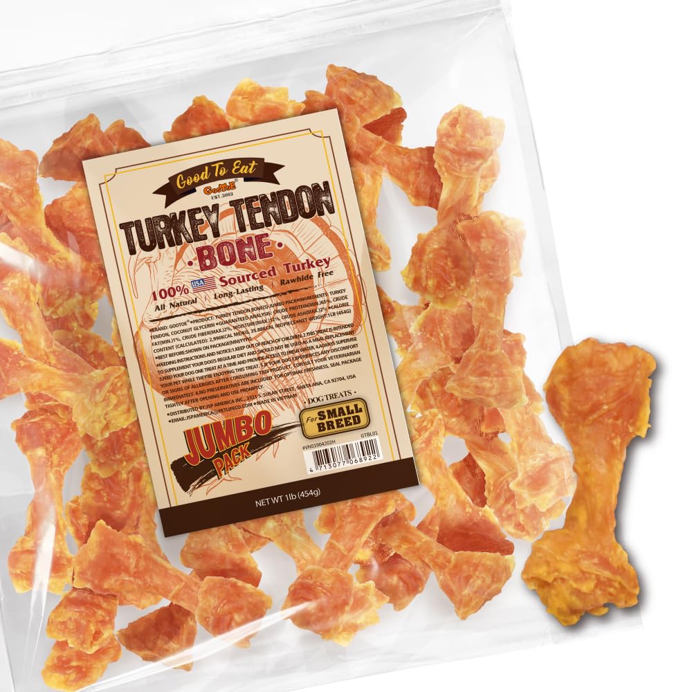 Gootoe Turkey Tendon Dog Treats, Bone (S) 1 lb, 100% USA Sourced Turkey, Natural Snack, Premium Puppy Chews, Hypoallergenic, Raw