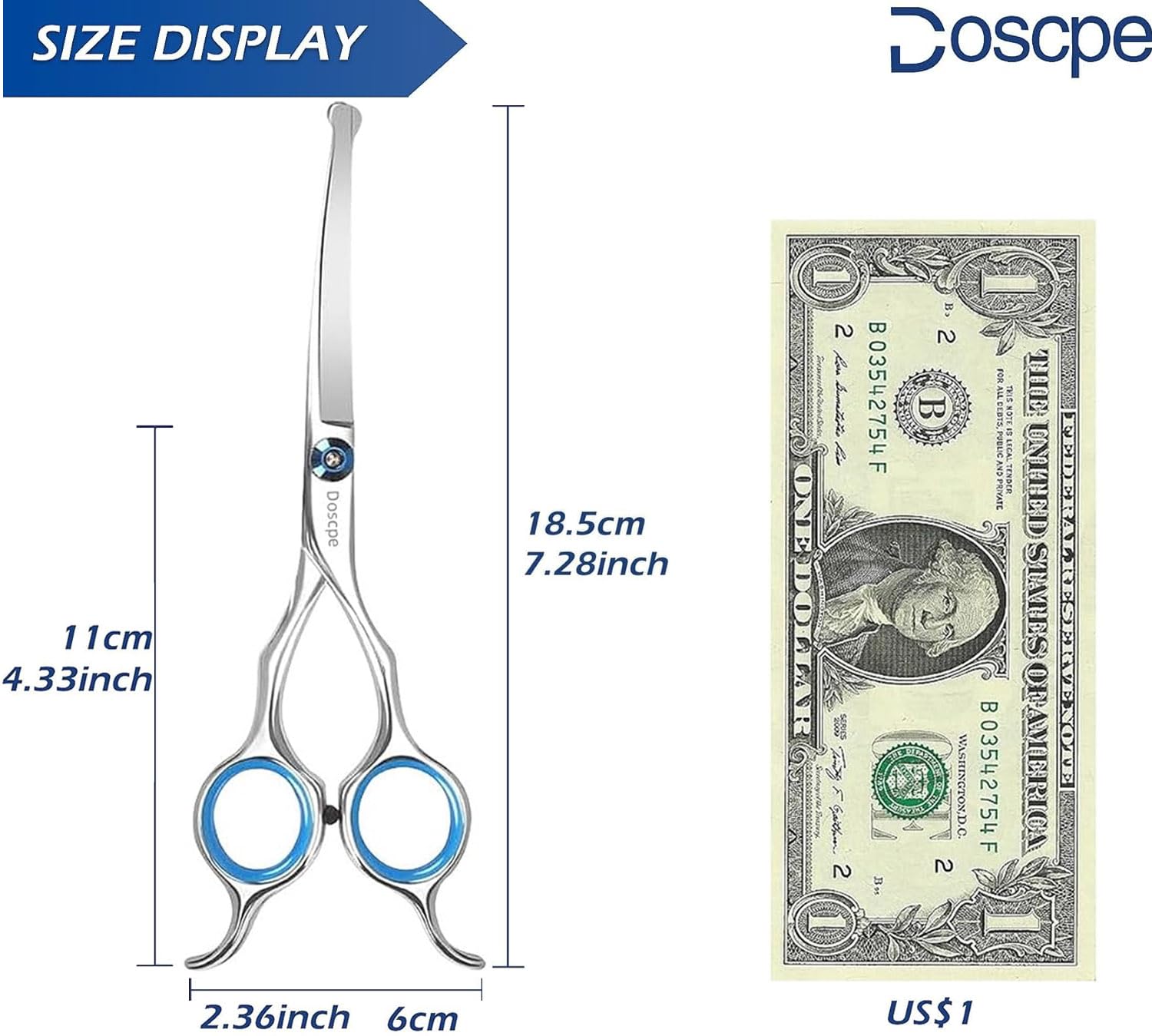 Doscpe Dog Grooming Scissors 7.28" Stainless Steel Round Tips Shears for Pets, Blue, Model LSY117