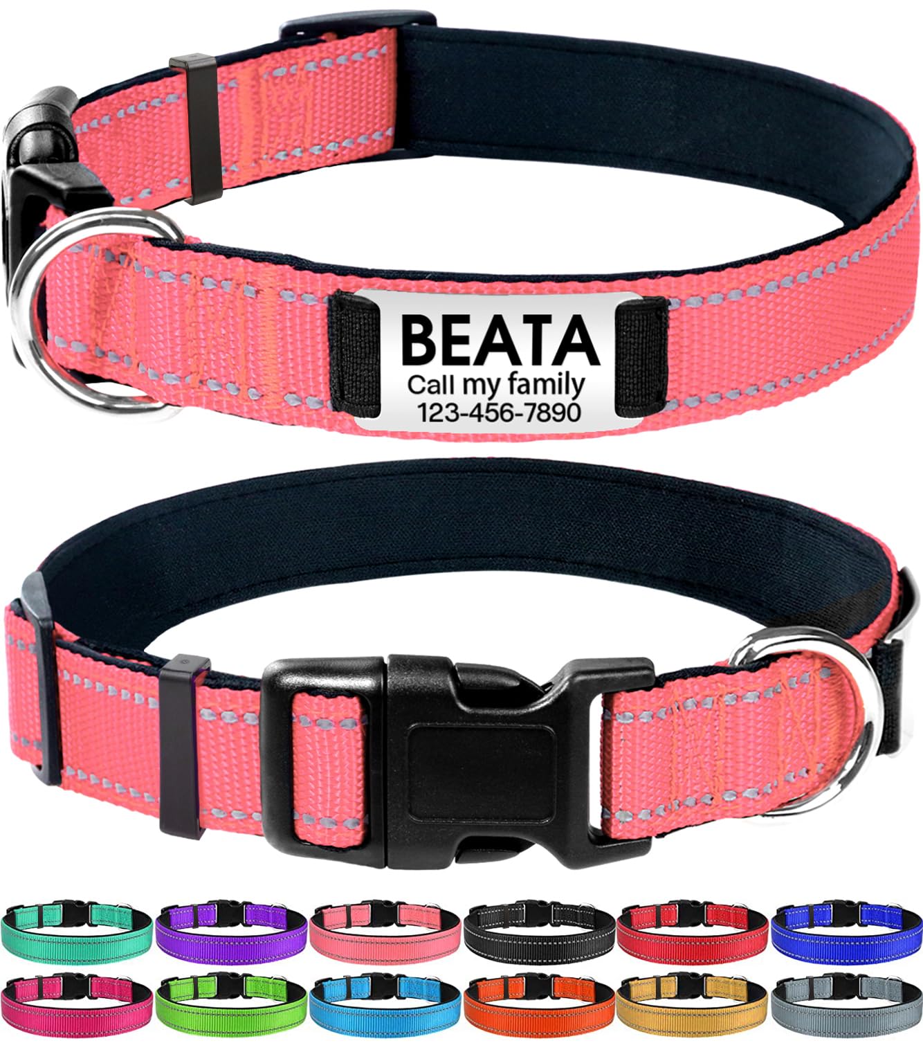 Joytale Personalized Dog Collars, Reflective Nylon Dog Collar With Engraved Name Plate, Customized For Small Dogs, Pink, S