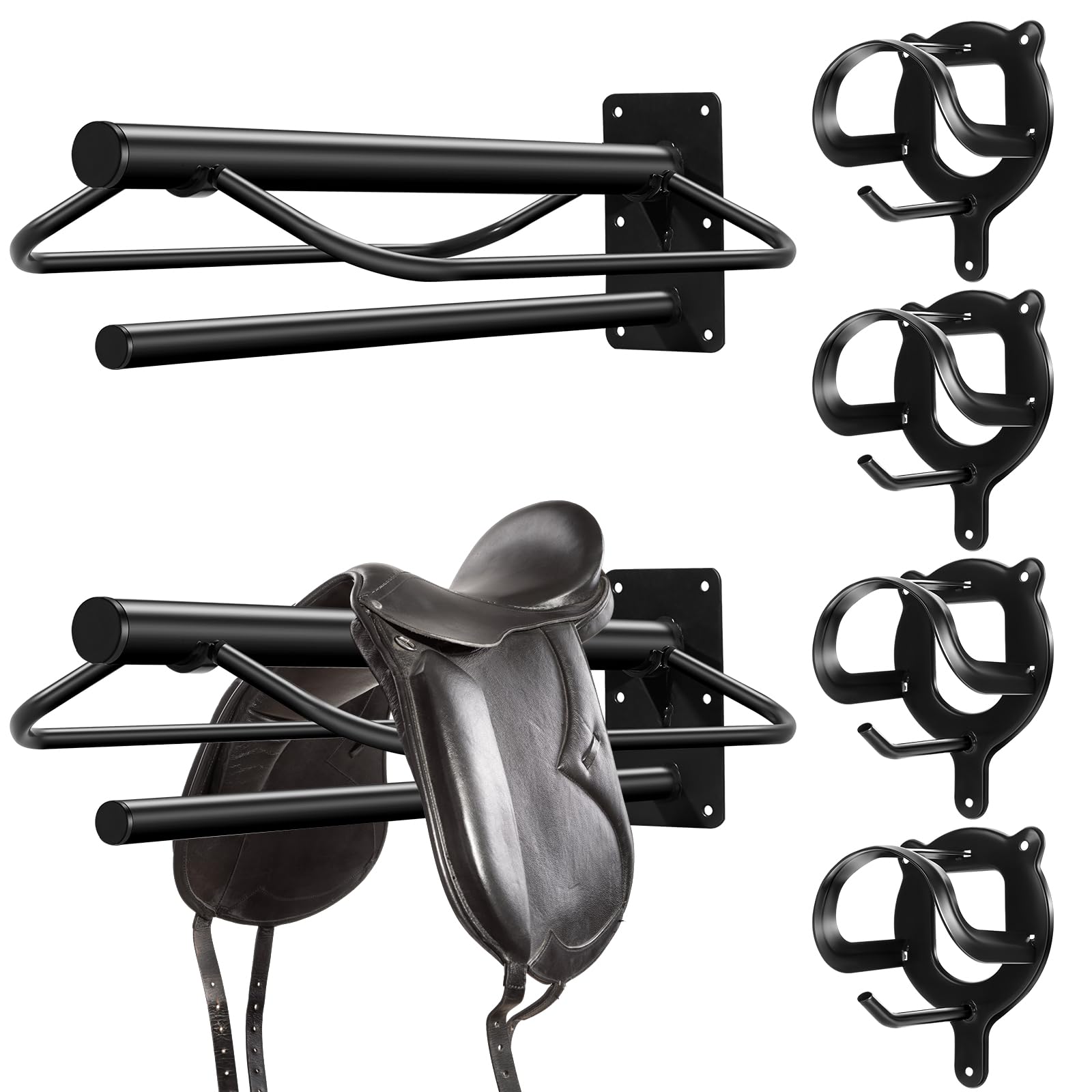 Paterr 6 Pack Saddle Rack Wall Mount with Pad Bar Horse Bridle Rack Metal Bracket Bridle Hooks Detachable Portable Saddle Stand 