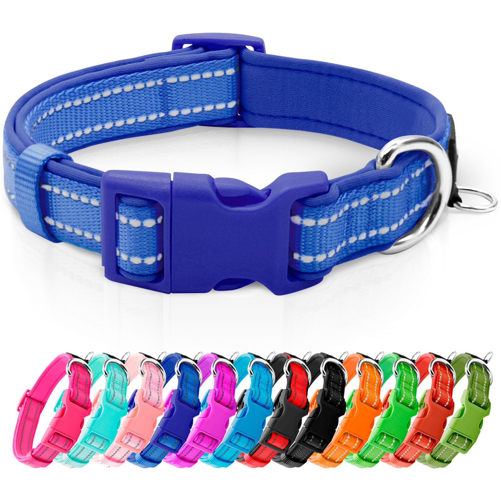 Azuza Reflective Dog Collar,Soft Neoprene Padded Pet Collar With Id Tag Ring,Adjustable For Medium Dogs,Royal Blue,M