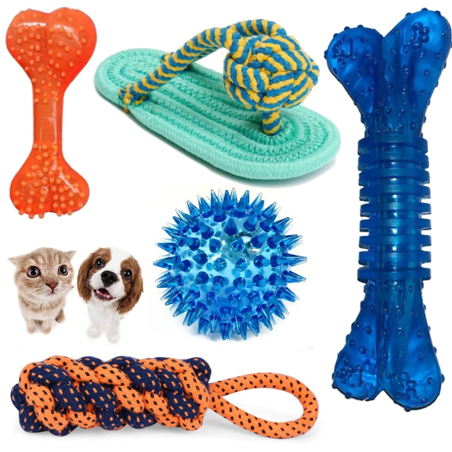 YOUHAVEDEAL Toys for Puppies & Small Dogs Spike Teether Ball + Rope Toy + Pimple Bone + Rubber Chew Flavour Bone for Medium Bree