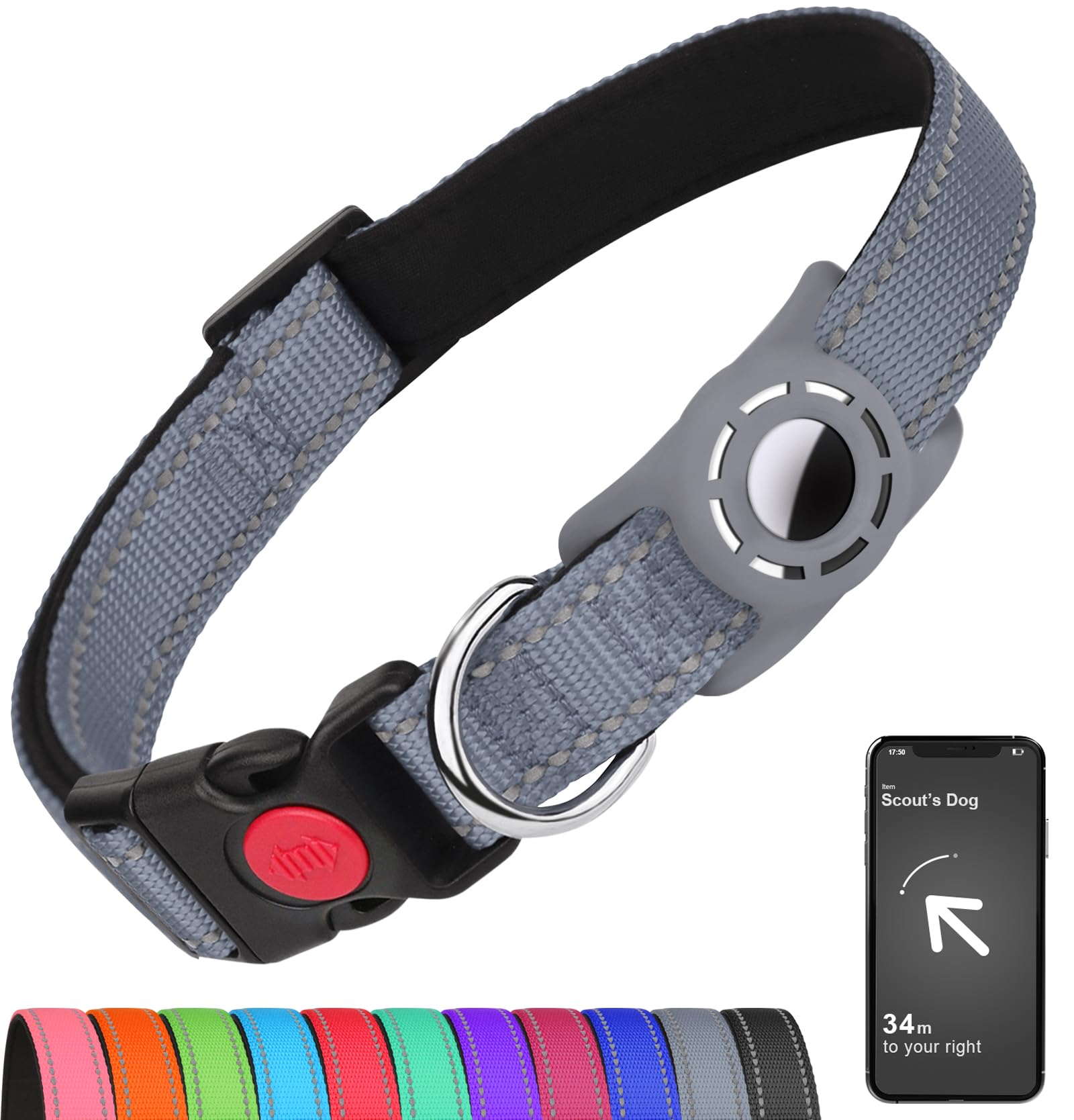 Erbine Airtag Dog Collar For Large Dogs, Reflective Dog Collars With Airtag Holder, Soft Padded & Safety Locking Buckle, Nylon Pet Collar Adjustable For All Breeds, Gray